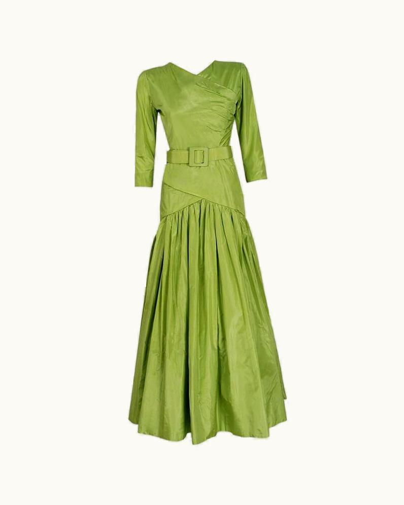 Dior 1986 Christian Dior Haute-Couture Chartreuse Silk Belted Hourglass Flounce Gown