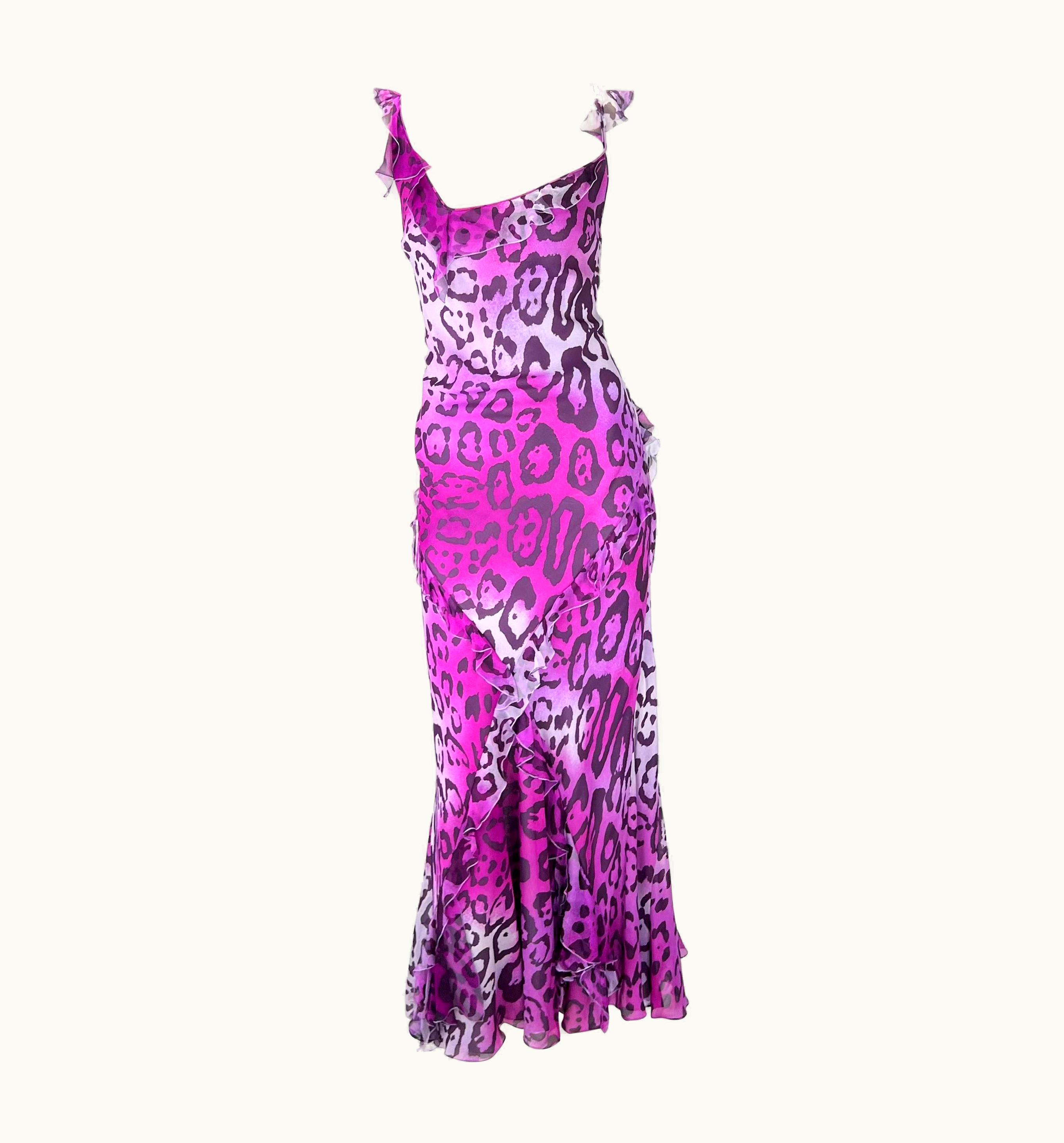 Dior AW 2004 Christian Dior By John Galliano Purple Cheetah Print Silk Ruffle Gown