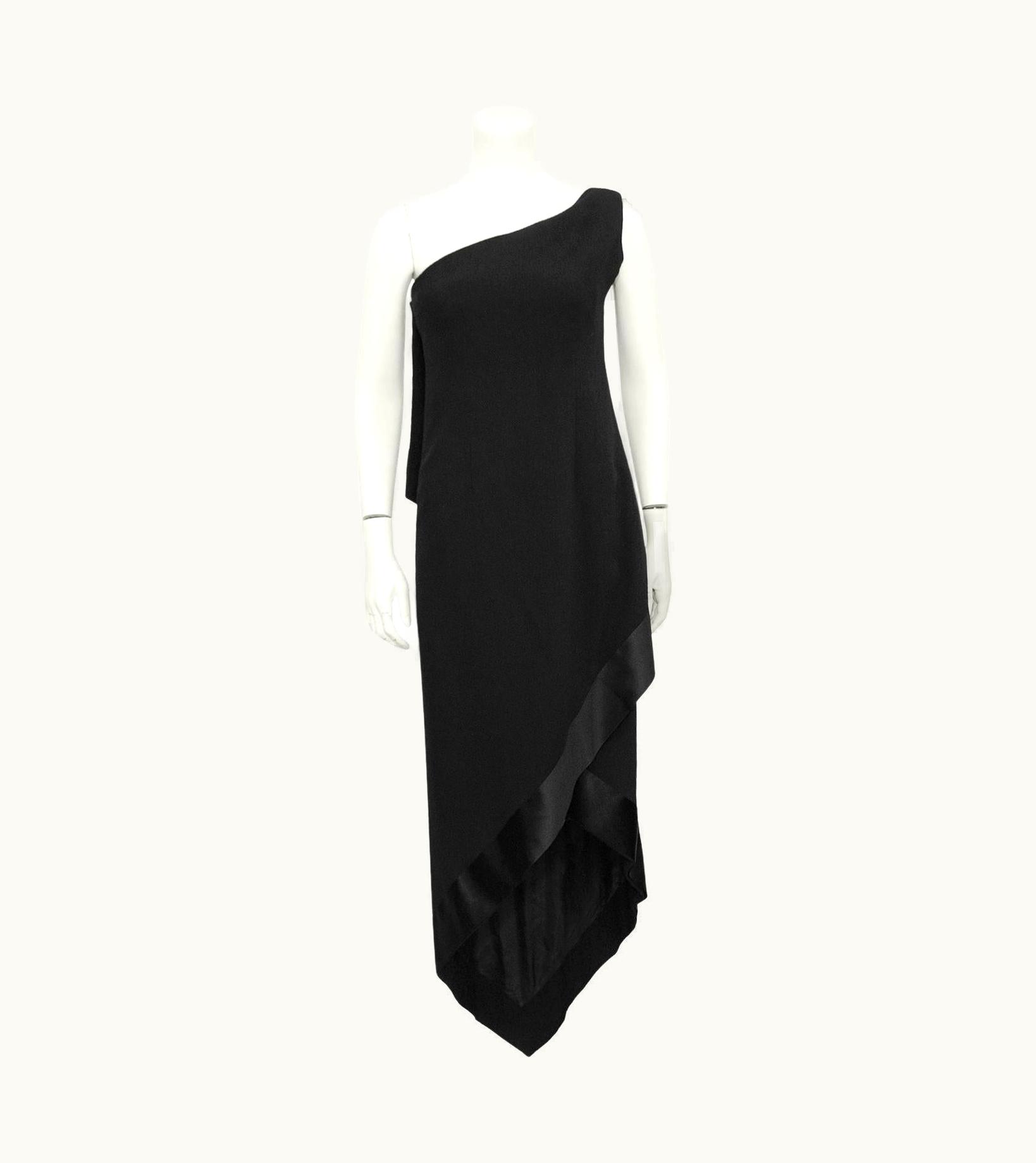 Dior 1968 Christian Dior Black Wool Crepe One Shoulder Wrapped Evening Dress