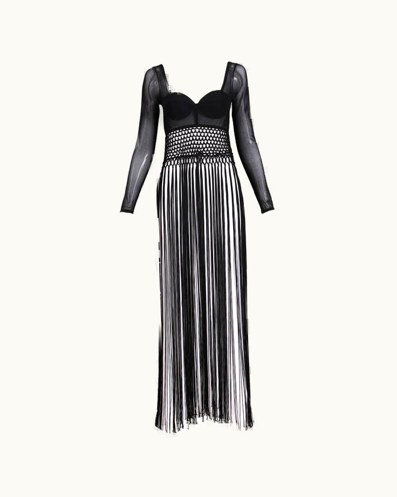 Dior Christian Dior Black & White Illusion Top Gown W/Long Fringe Detail Ca. 1989/96