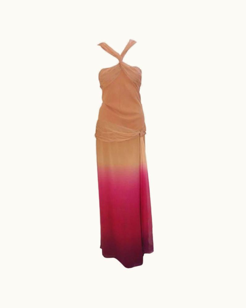 Dior Christian Dior Nude, Pink, & Purple Ombre Chiffon Halter Evening Gown, 1990'