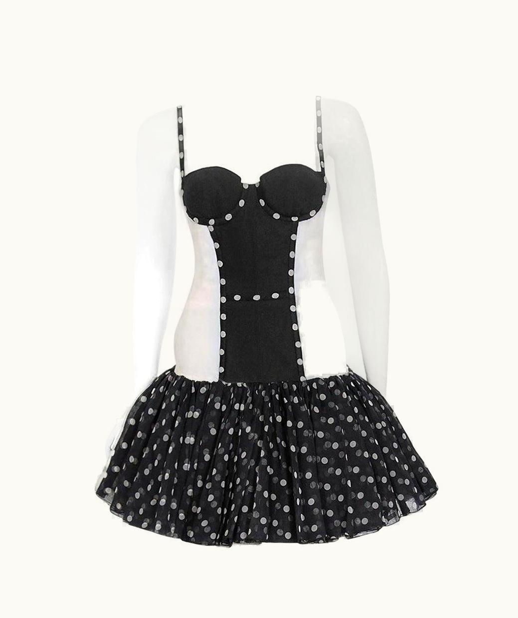 Dior Vintage 1990 Christian Dior Black White Polka-Dot Silk Bustier Plunge Mini Dress