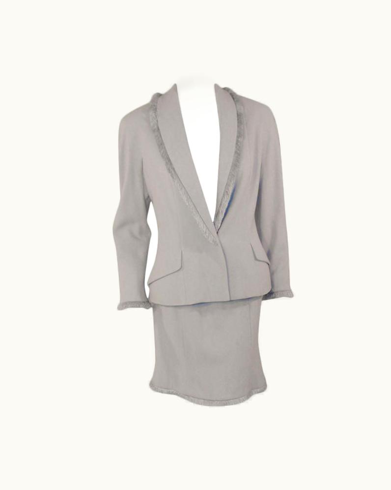 Dior Christian Dior 2 Pc Light Blue Skirt Suit With Fringe Lapel, C 1990'