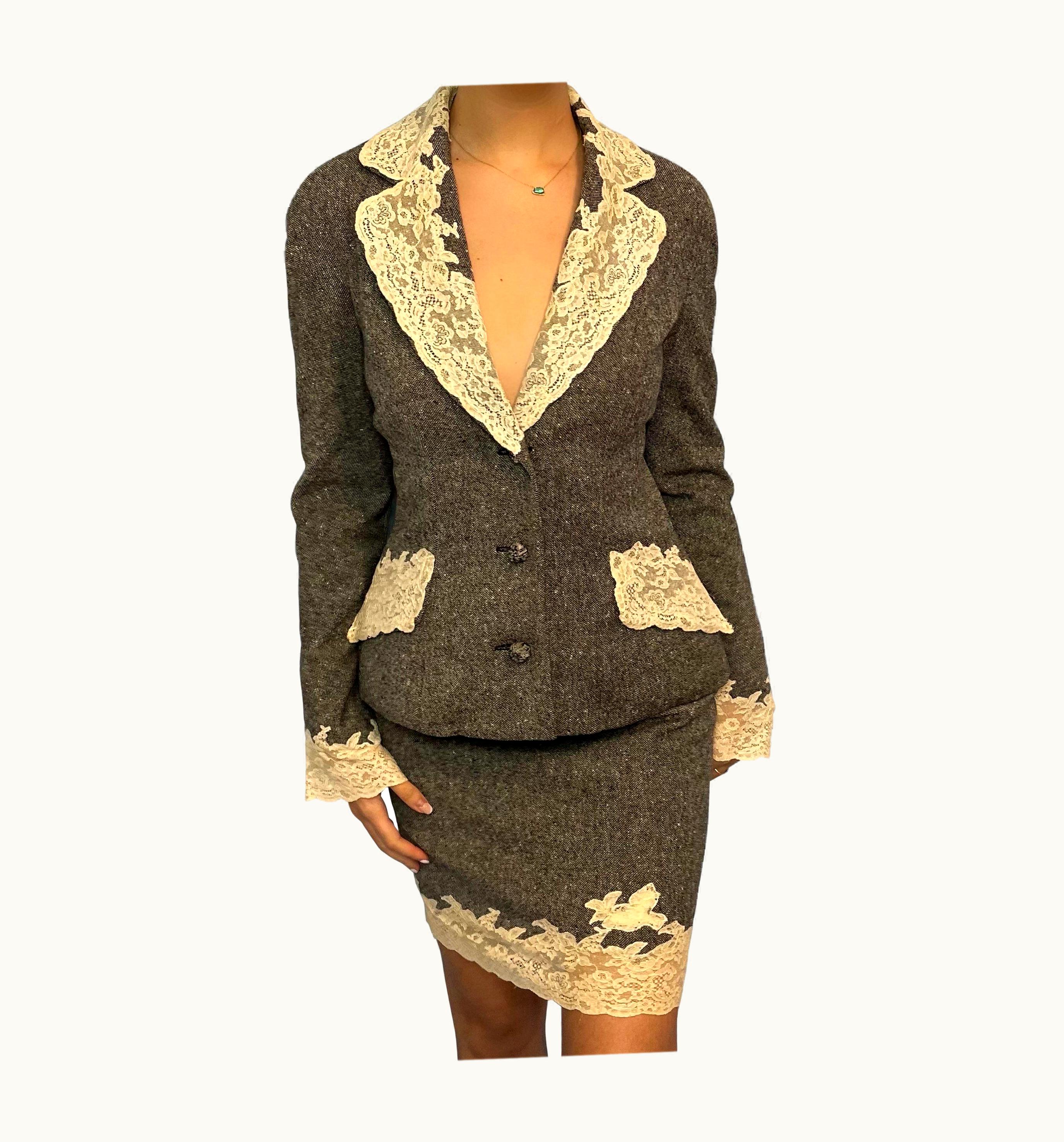 Dior Dior Fall 1998 Lace Hem Detail Grey Two Piece Skirt Suit