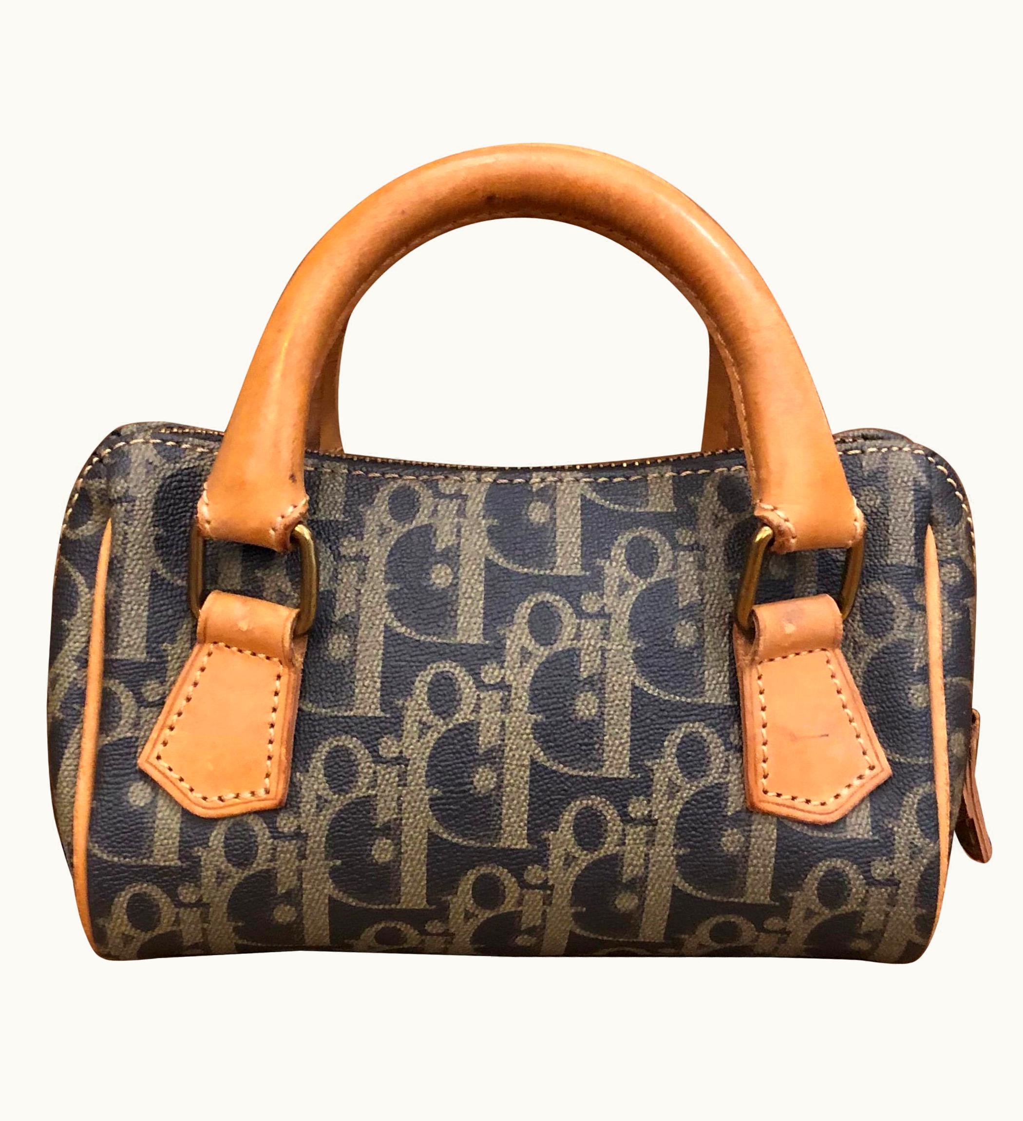 Dior Vintage Christian Dior Coated Trotter Canvas Mini Boston Bag Grey Khaki