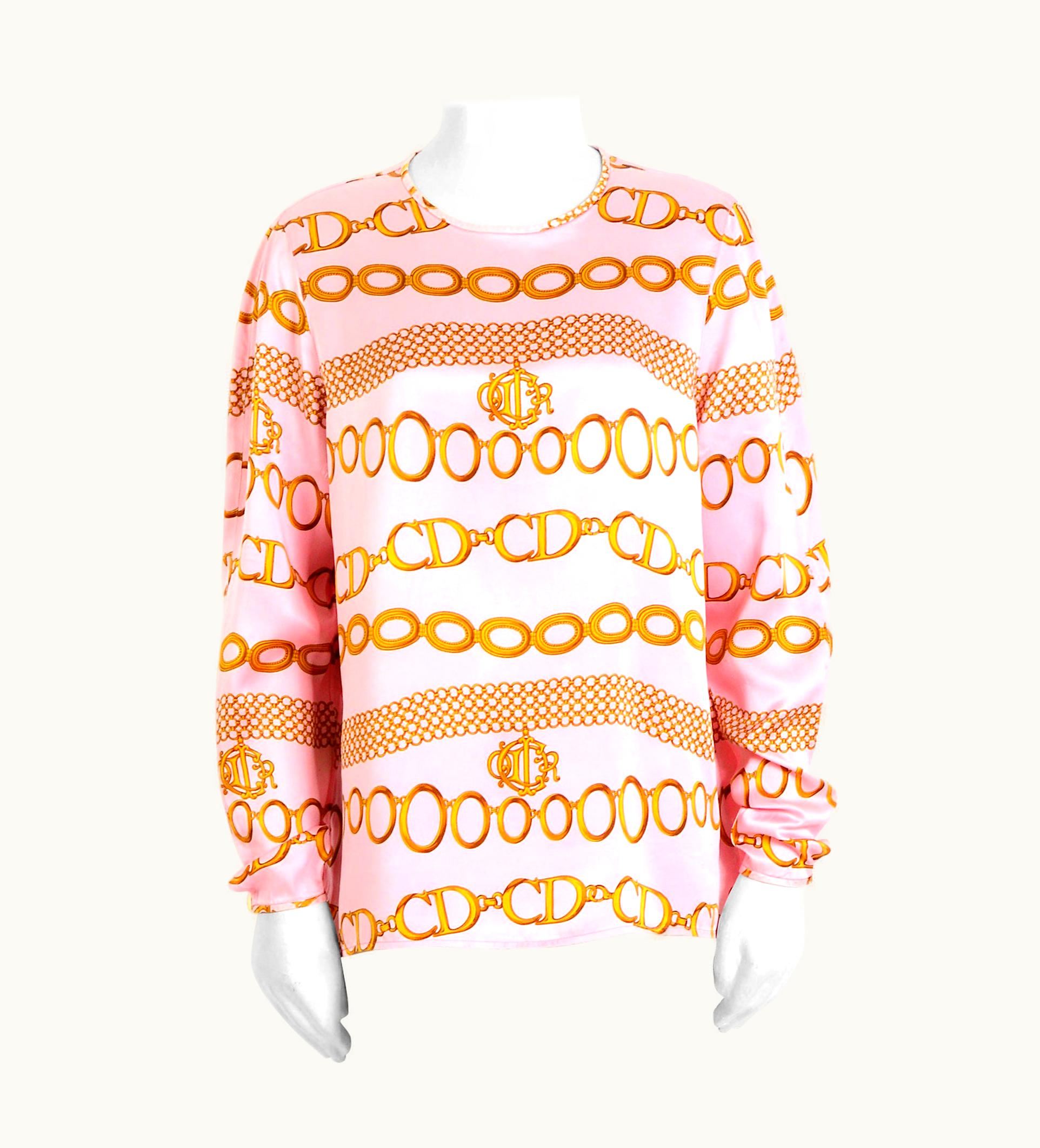 Dior Christian Dior Vintage 1990s Pink Silk Gold Logo Chain Printed Blouse