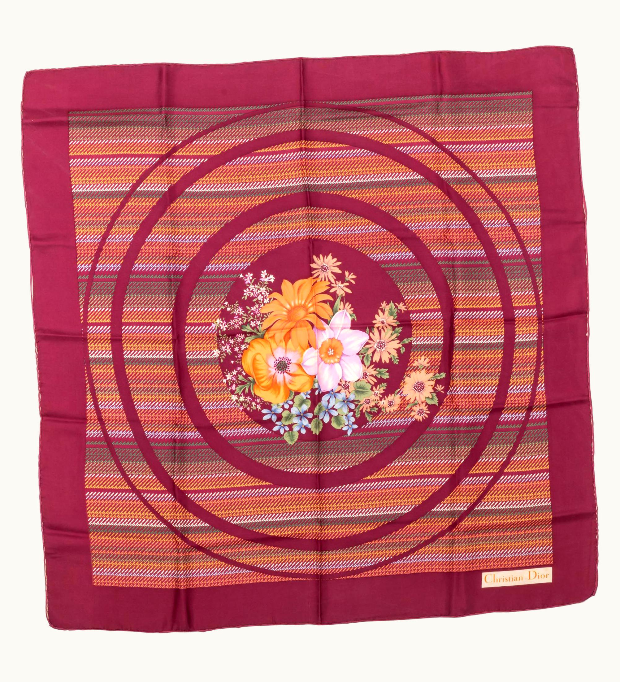 Dior Christian Dior Vintage Burgundy Silk Flower Bouquet Scarf