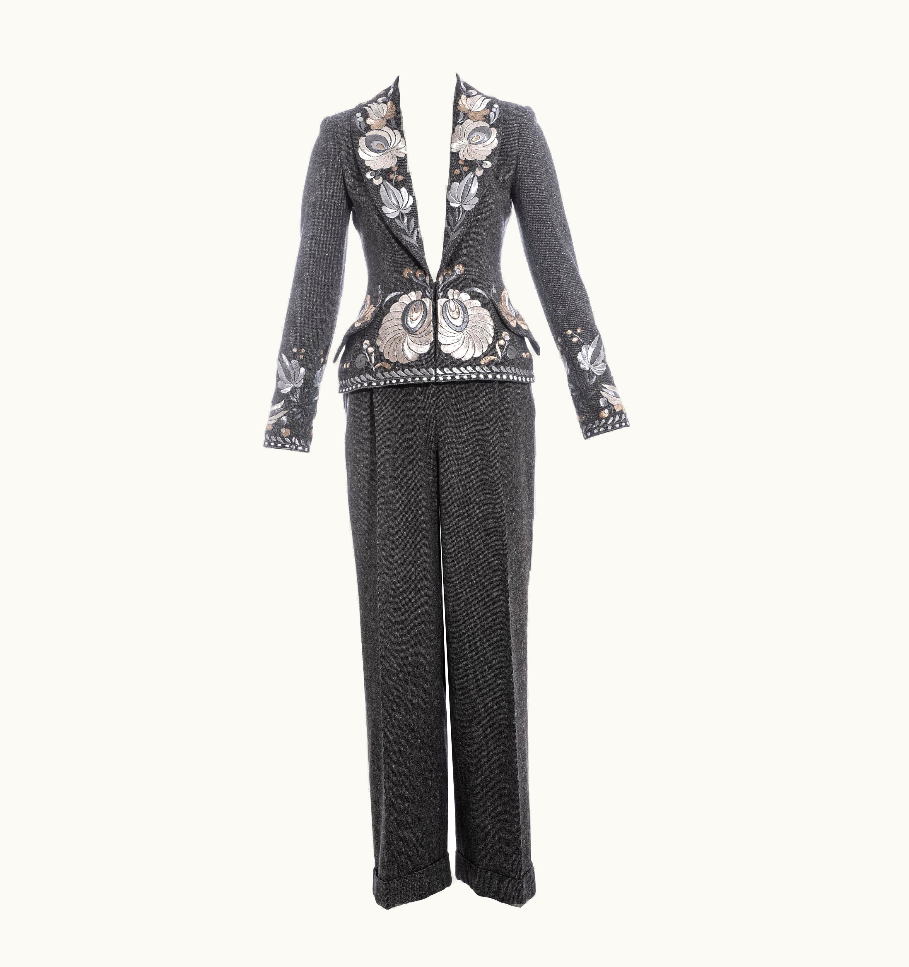 Dior Christian Dior By John Galliano Grey Embroidered Tweed Pant Suit, AW 1998