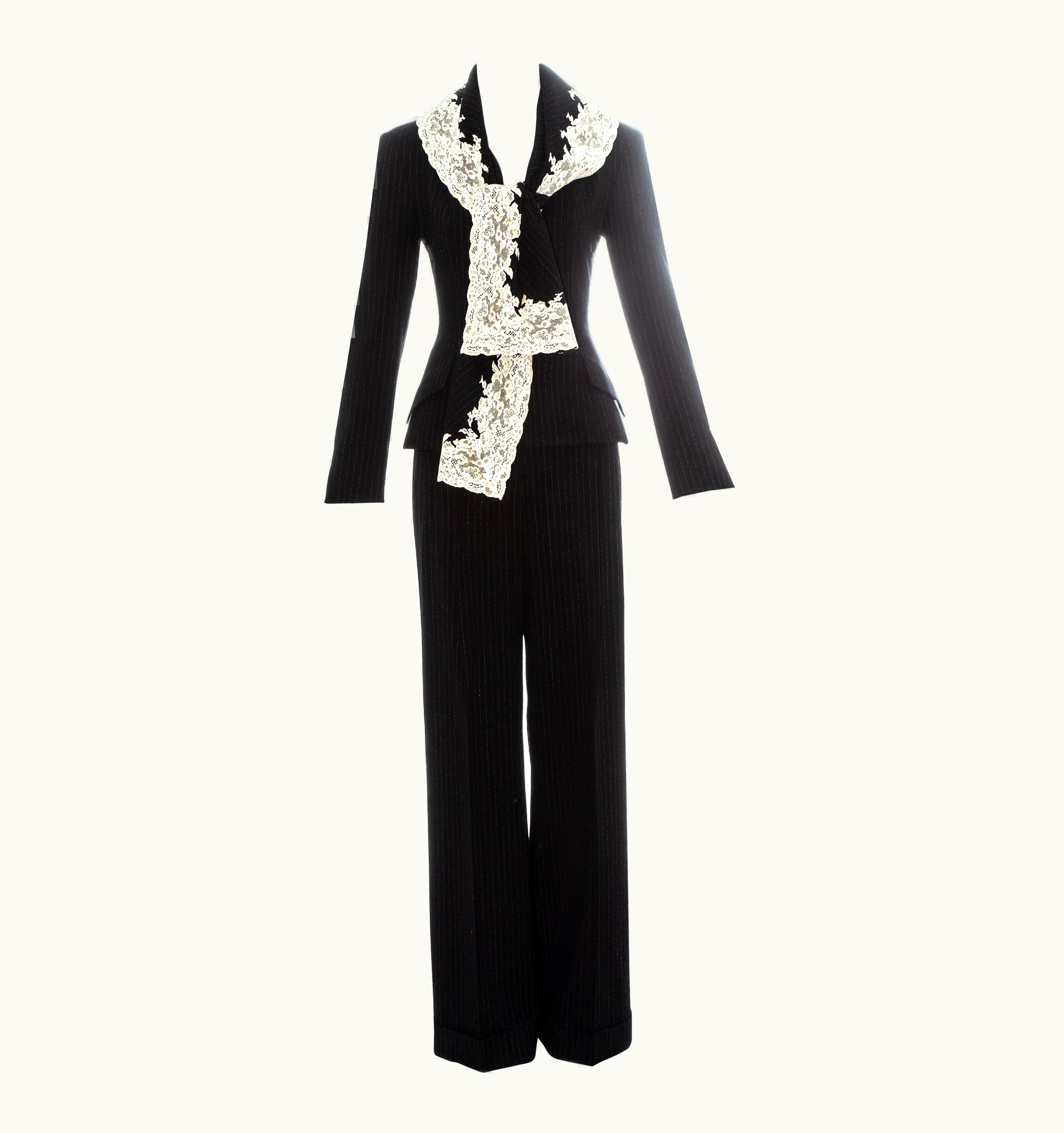 Dior Christian Dior Black Pinstripe Wool Suit Edged In White Calais Lace, AW 1998