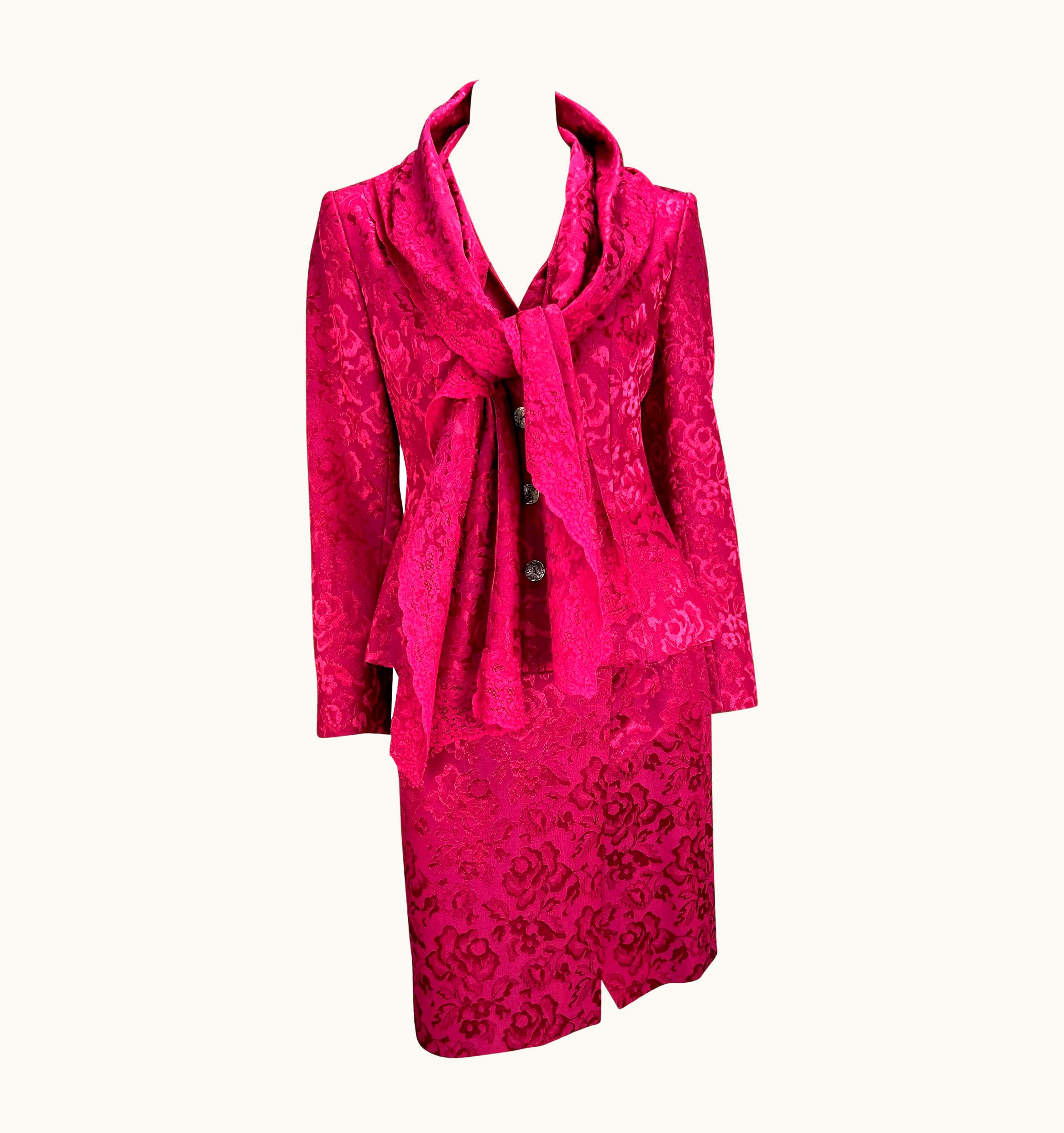 Dior AW 1998 Christian Dior By John Galliano Pink Floral Brocade Lace Skirt Suit