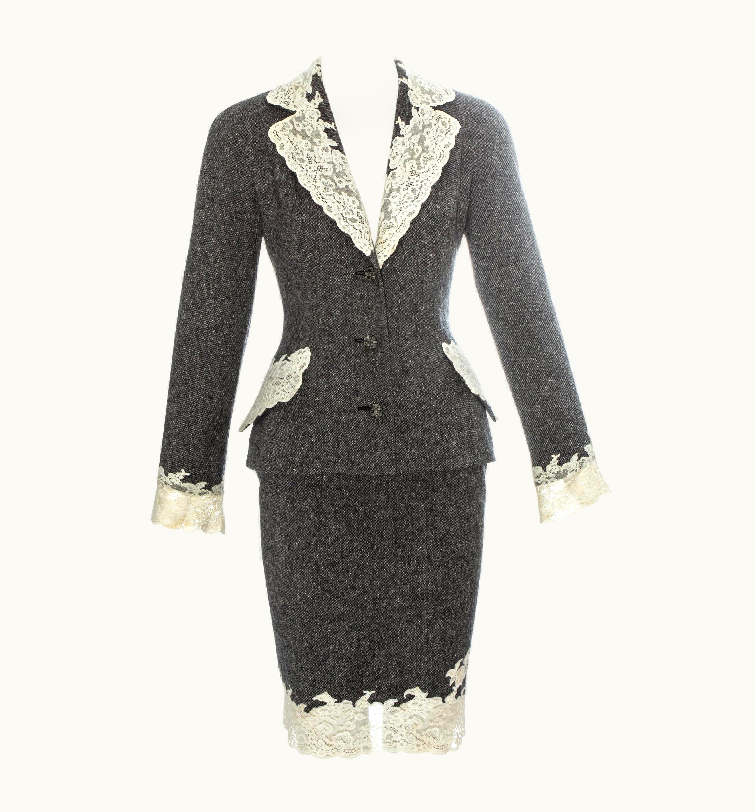 Dior Christian Dior Grey Donegal Tweed Skirt Suit Edged In White Calais Lace, AW 1998
