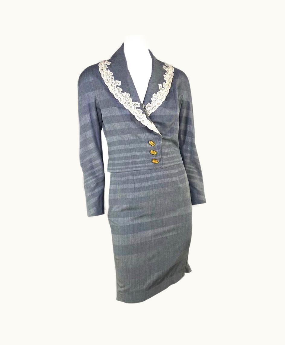 Dior S/S 1999 Christian Dior By John Galliano Victorian Grey Lace Trimmed Skirt Suit