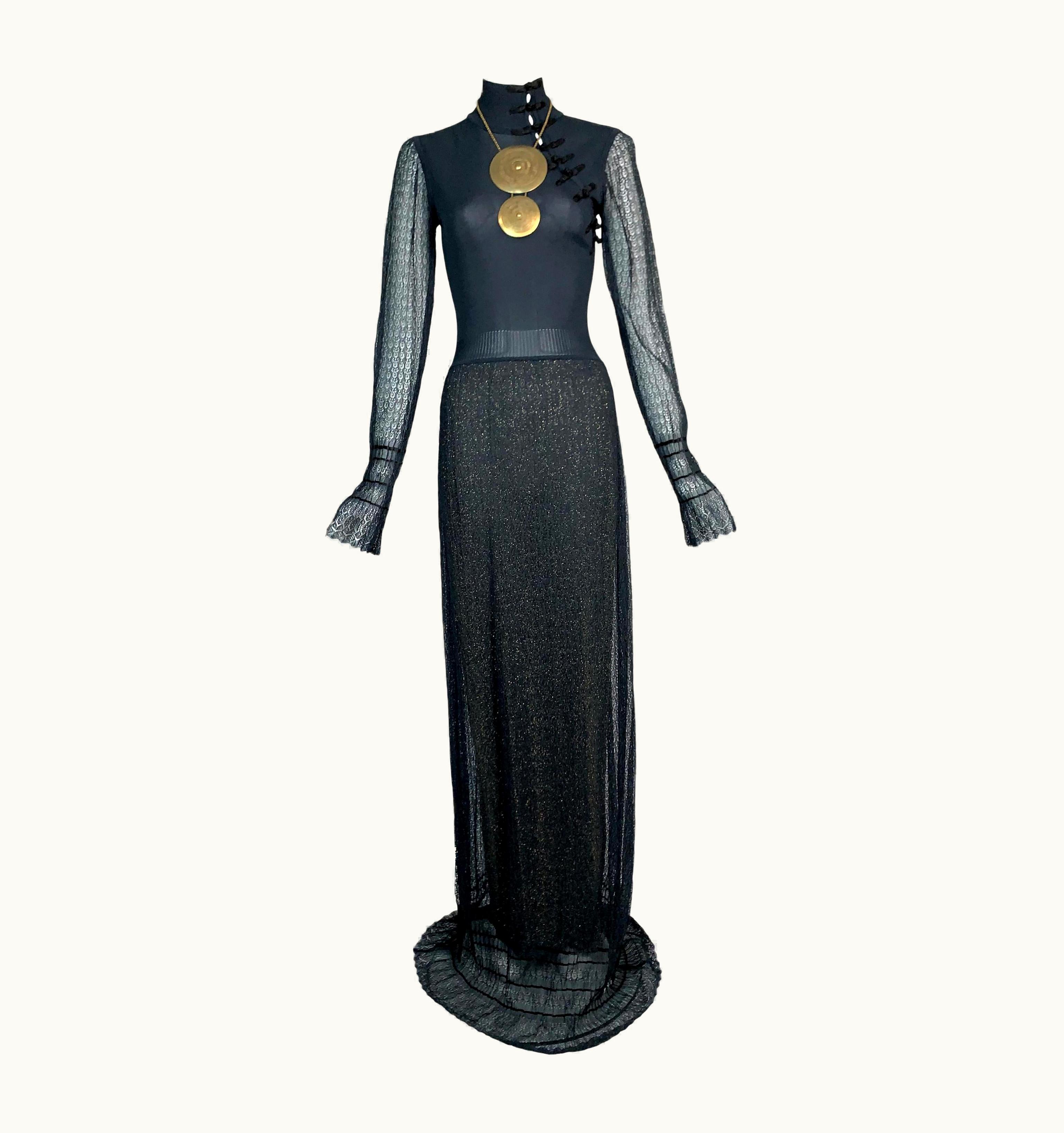 Dior S/S 1999 Christian Dior Runway Chinoiserie Blue & Gold Sheer Knit Maxi Dress