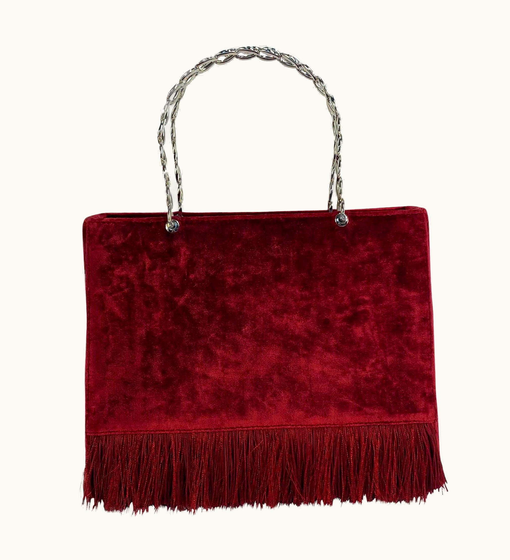 Dior S/S 1998 Christian Dior By John Galliano Red Velvet Fringe Metal Handle Lady Bag