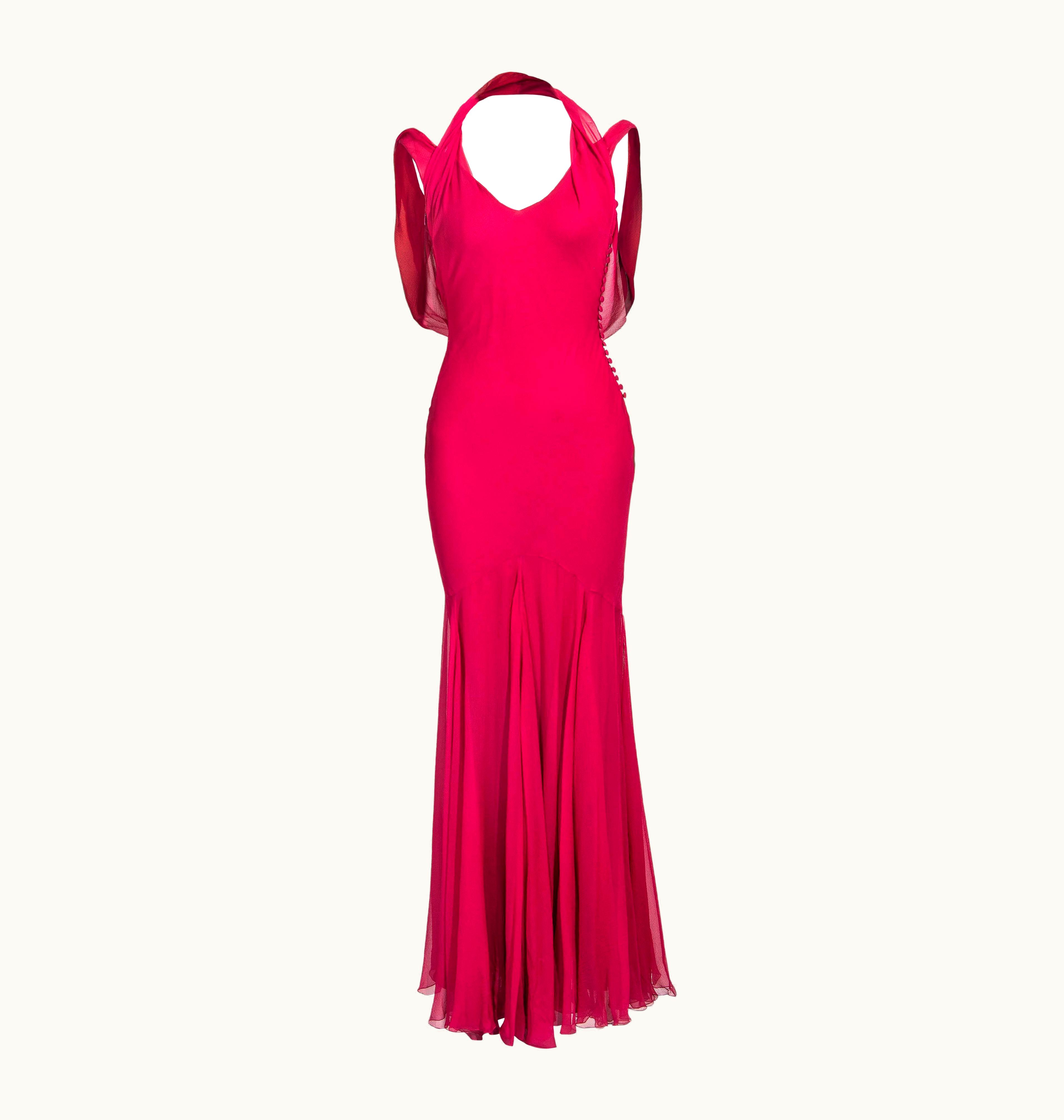 Dior AW 1999 Christian Dior Deep Fuchsia Pink Silk Chiffon Halter Gown