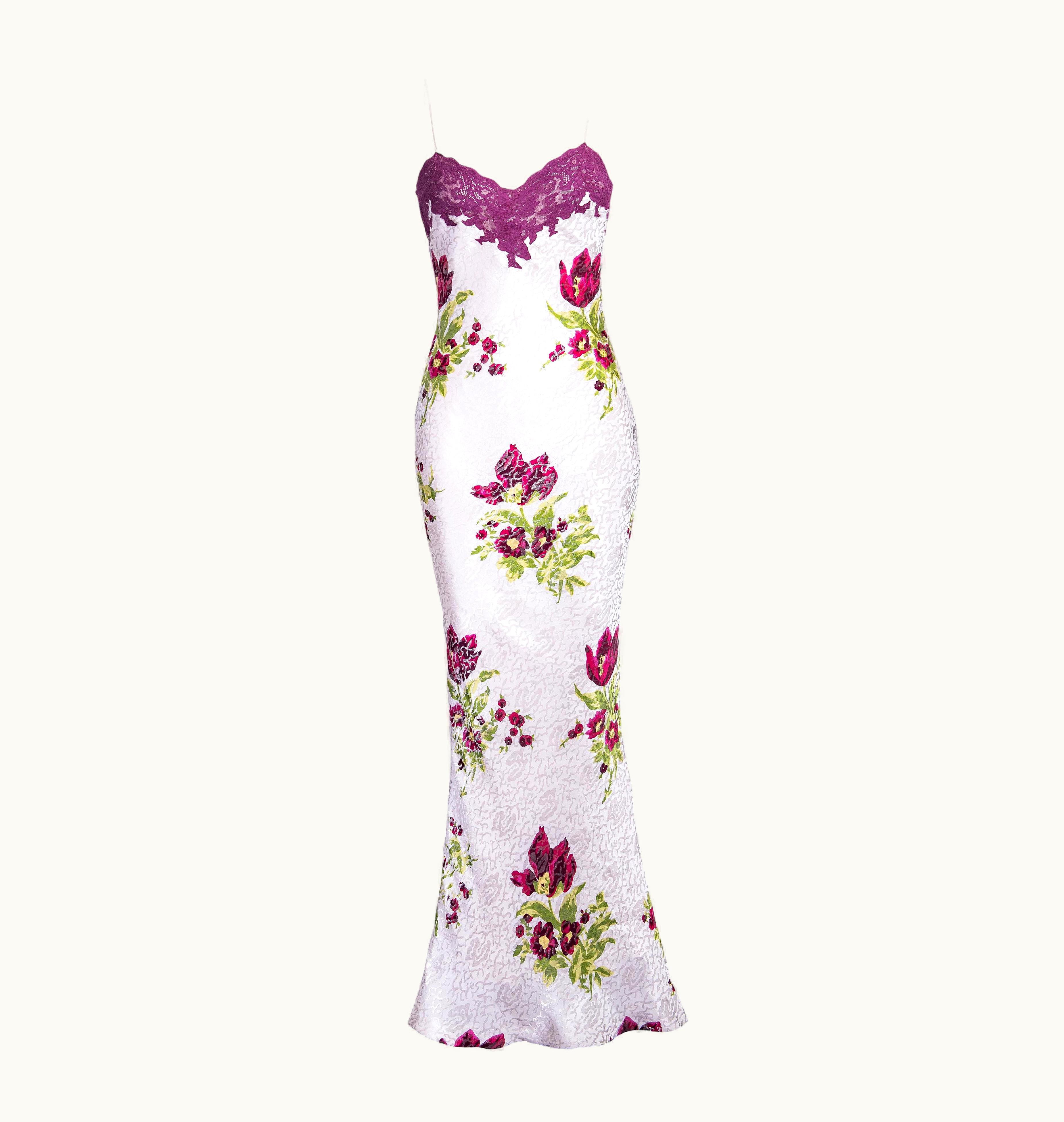 Dior AW 1998 Christian Dior White Floral Print Lace And Silk Slip Gown