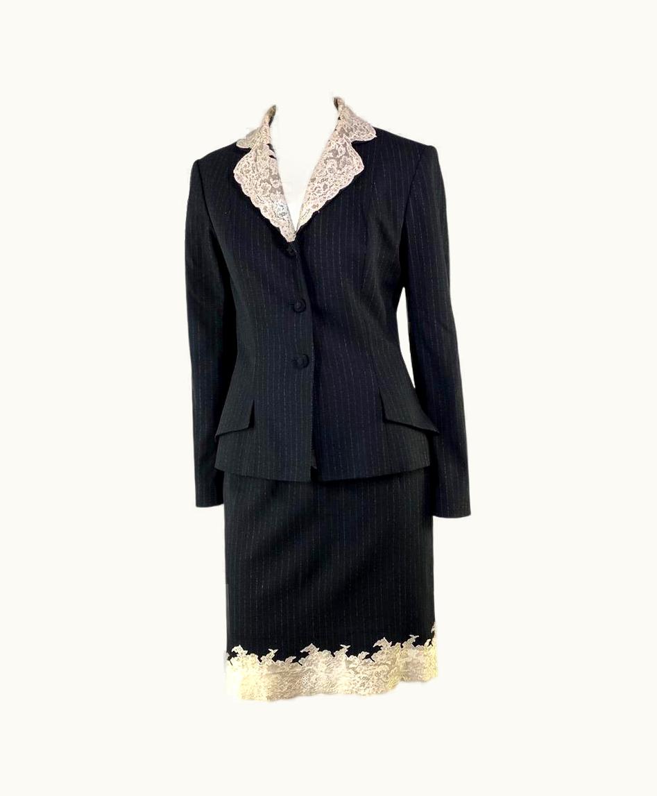Dior AW 1998 Christian Dior By John Galliano Lace Trim Pinstripe Skirt Suit