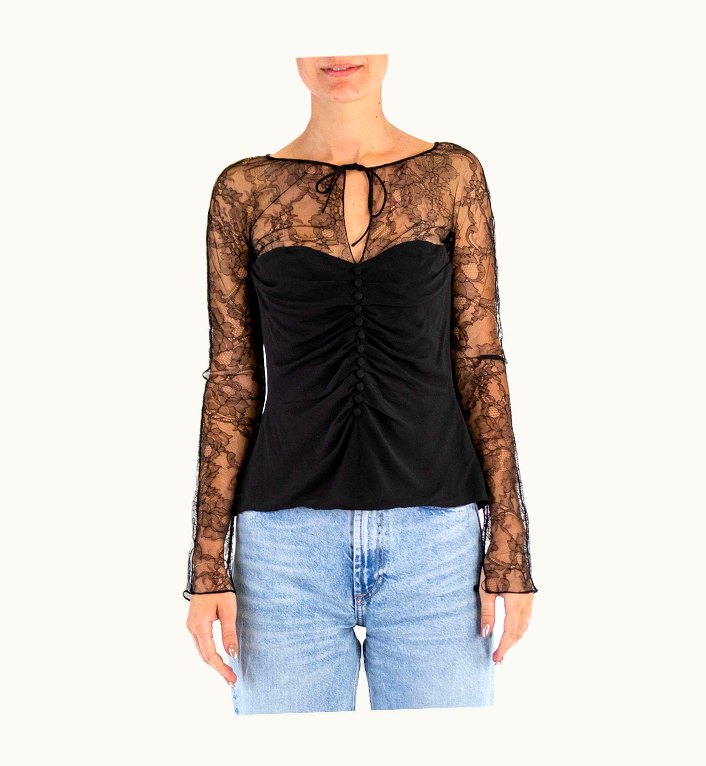Dior 1990s John Galliano Christian Dior Black Silk Blend Lace Blouse