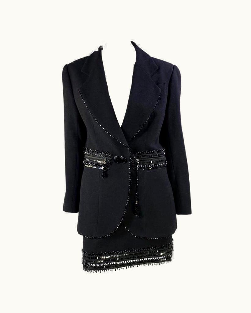 Dior AW 1993 Christian Dior By Gianfranco Ferré Runway Black Bead Sequin Skirt Suit
