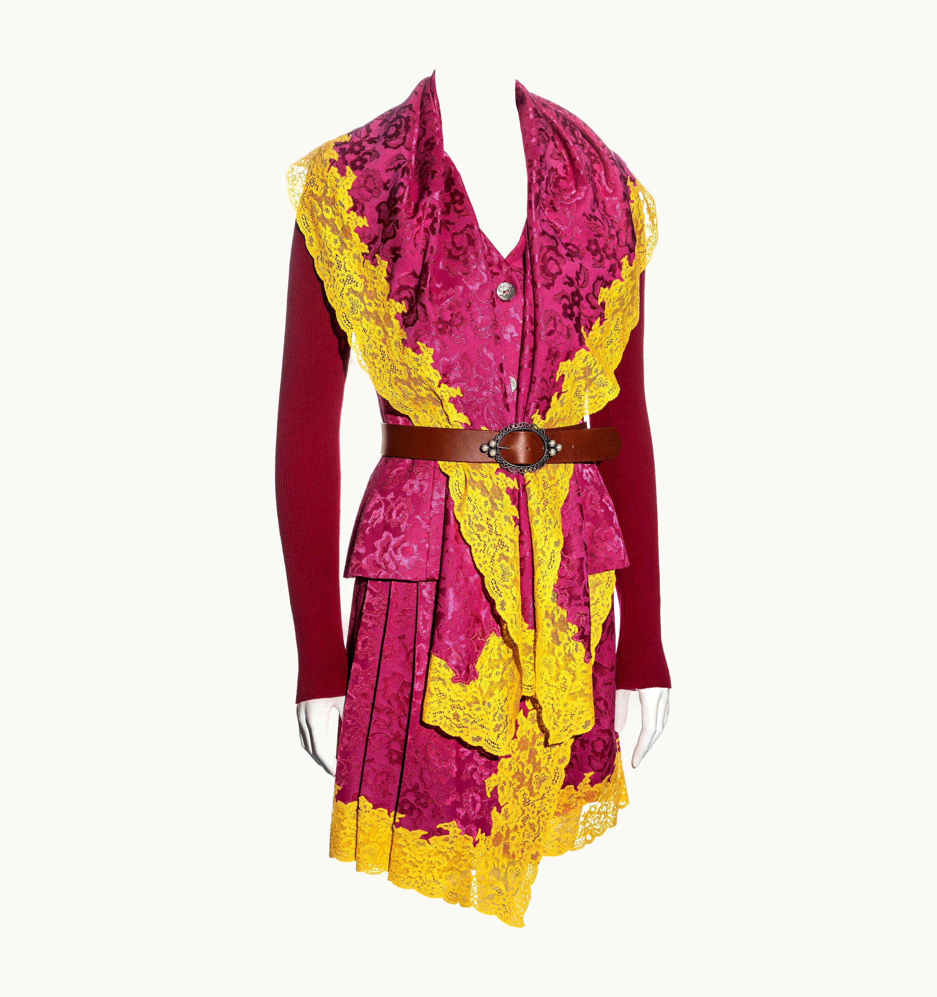 Dior Christian Dior By John Galliano Pink Wool And Yellow Lace Skirt Suit, AW 1998