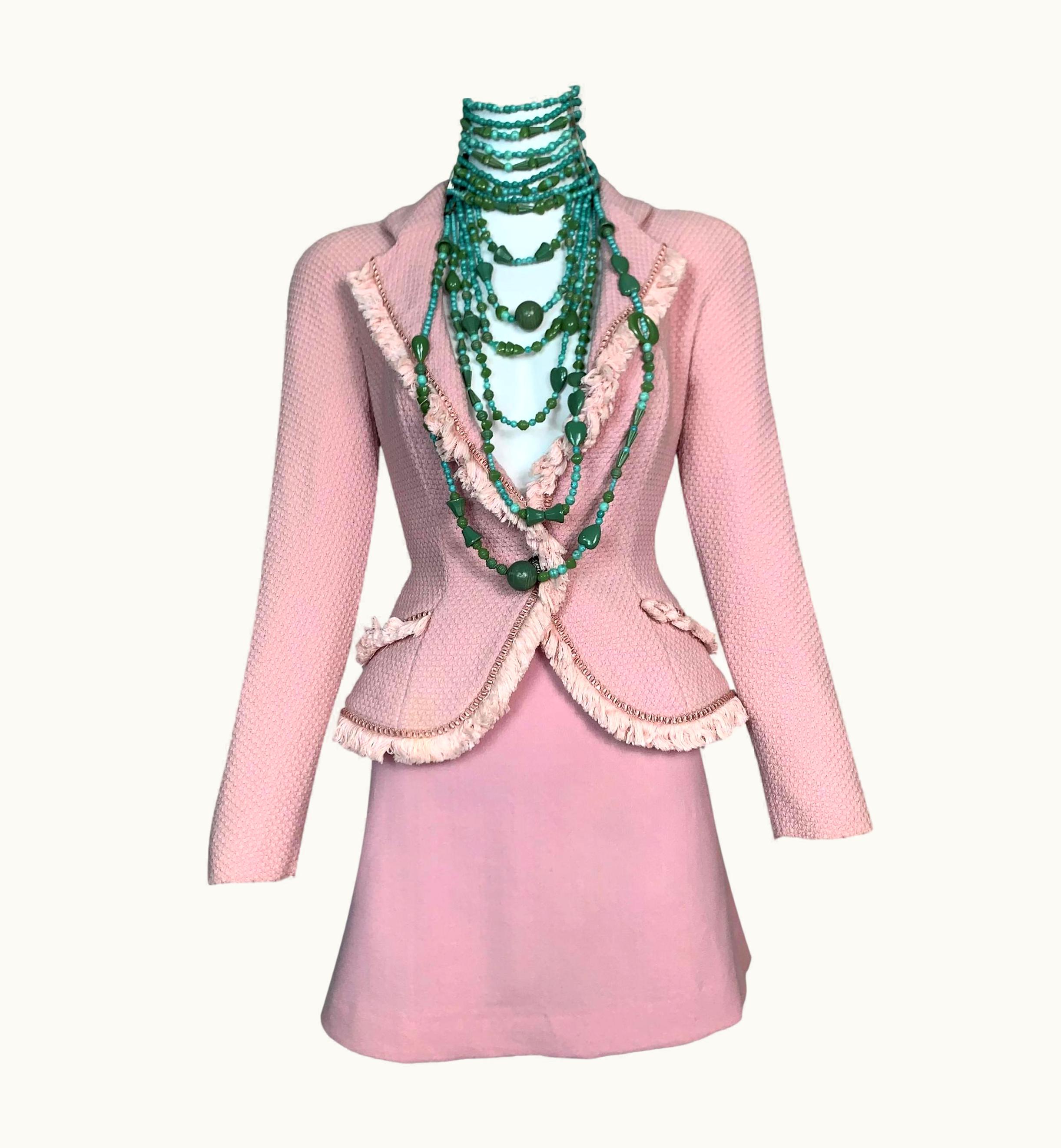 Dior AW 1997 Christian Dior John Galliano Runway Pink Fringe Jacket & Mini Skirt