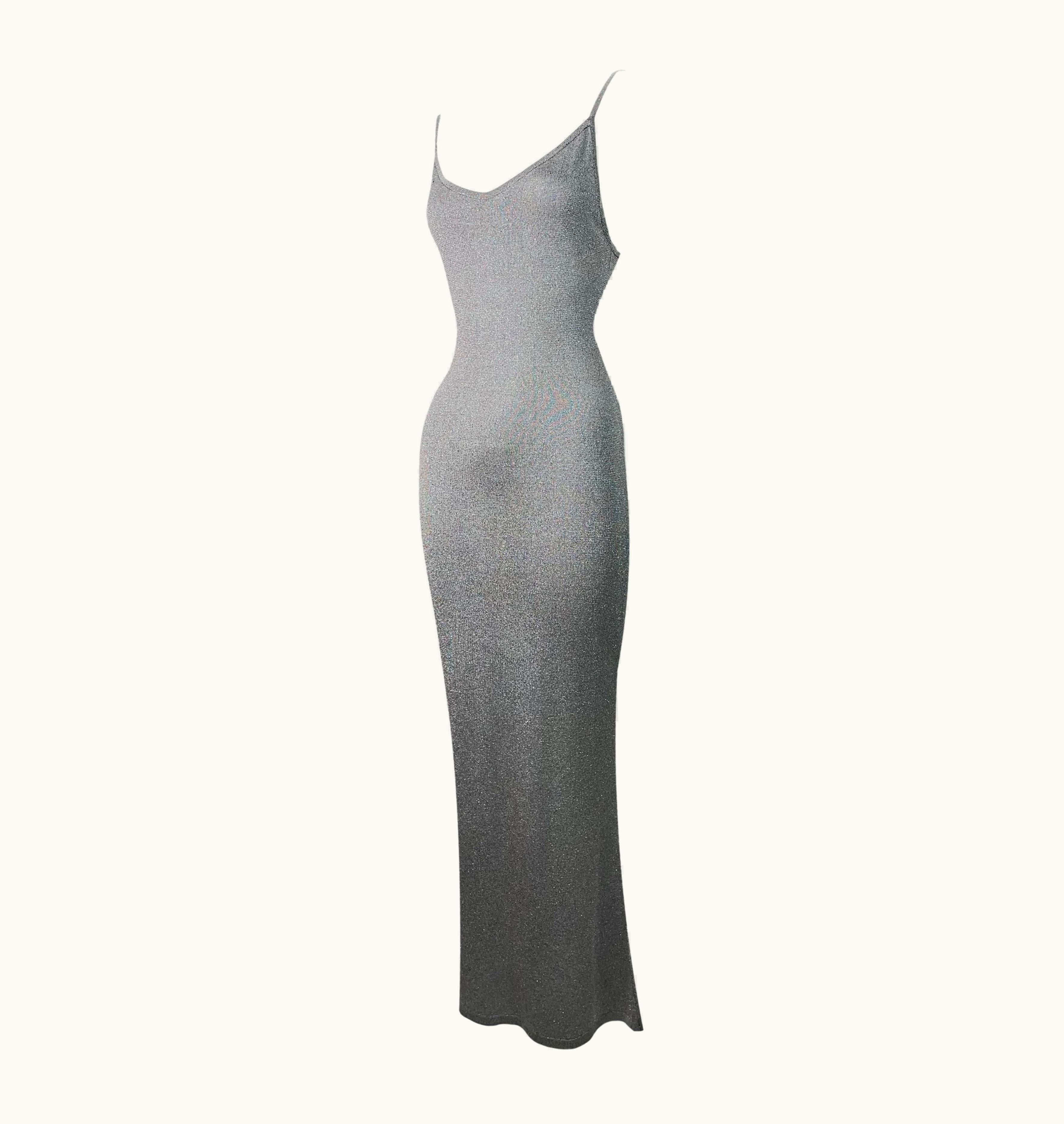 Dior AW 1998 Christian Dior By John Galliano Silver Knit Bodycon Mermaid Maxi Dress