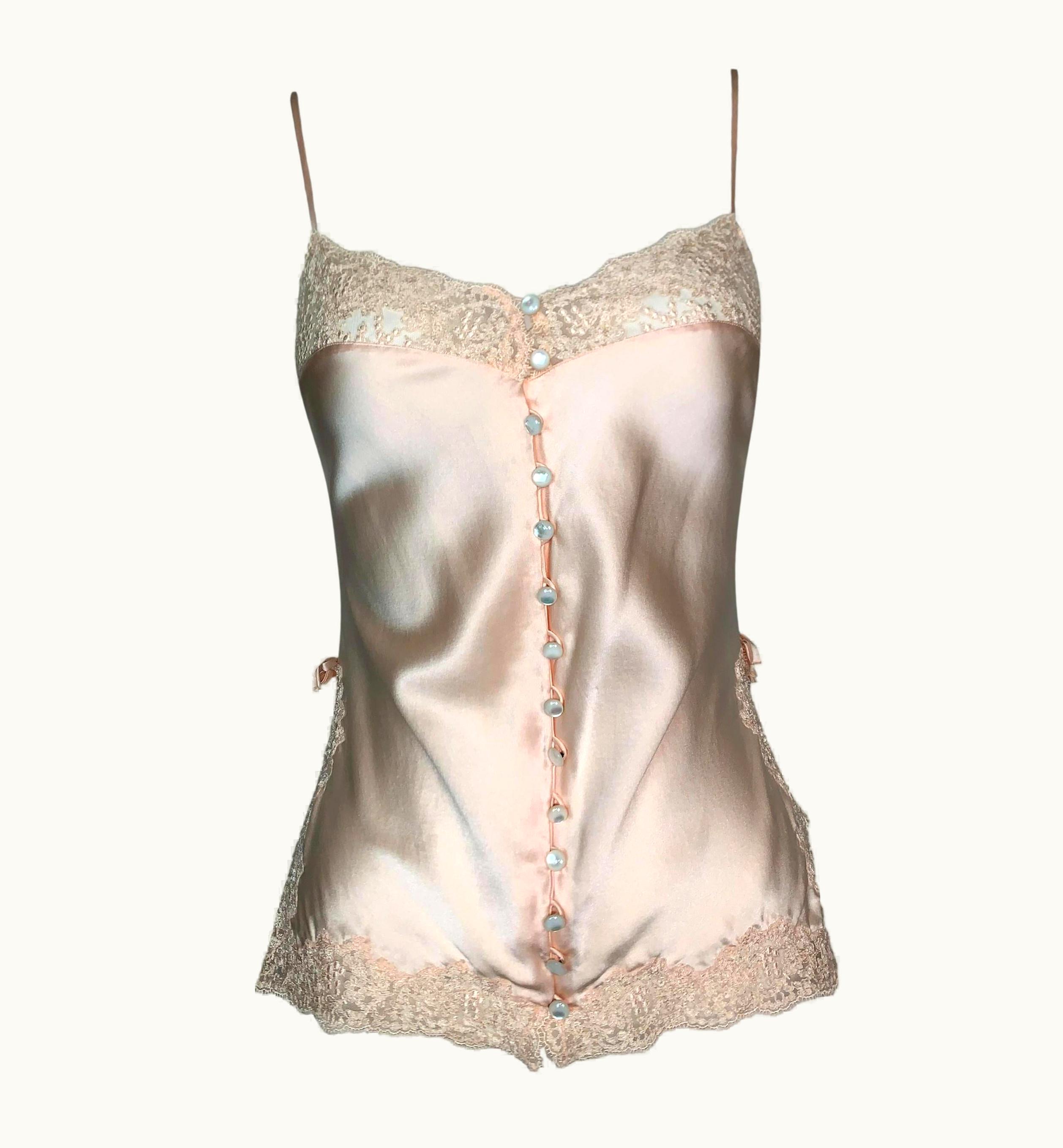 Dior Vintage AW 1997 Christian Dior By John Galliano Peach Satin Lace Bows Cami Top