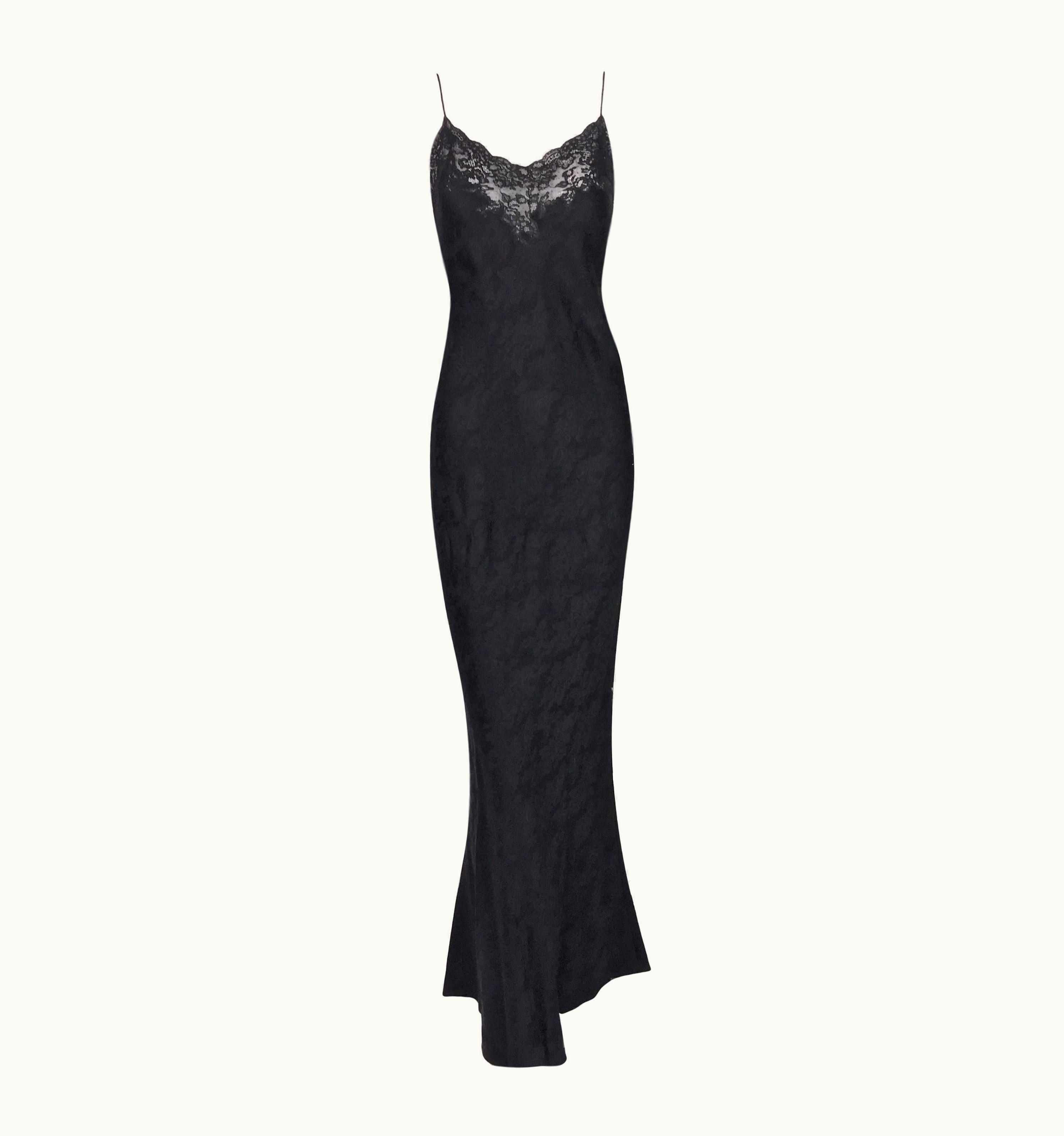 Dior AW 1998 Christian Dior John Galliano Sheer Lace Black Plunging Long Slip Dress