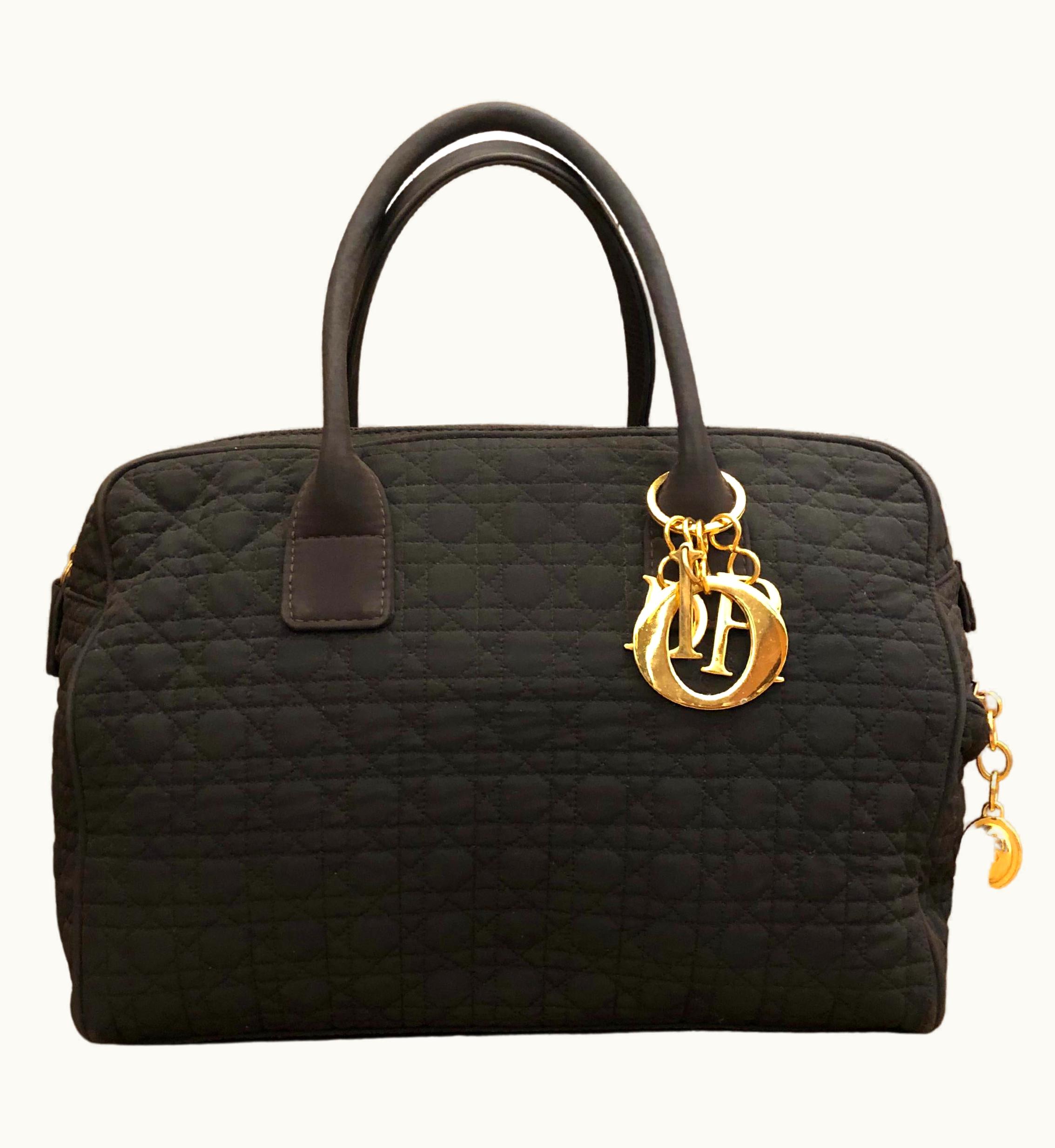 Dior 1990s Christian Dior Dark Brown Nylon Cannage Lady Dior Boston Handbag