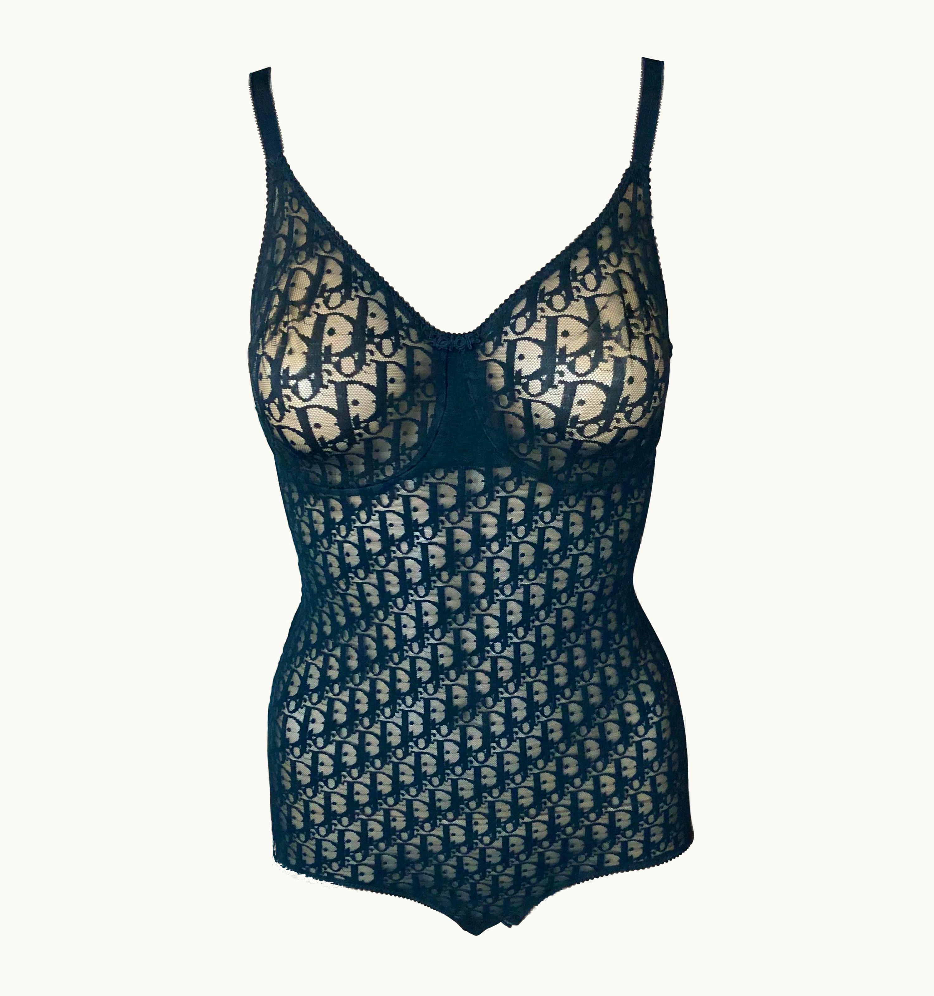 Dior Christian Dior 1990' Vintage Sheer Logo Monogram Black Bodysuit Top UZ0570390
