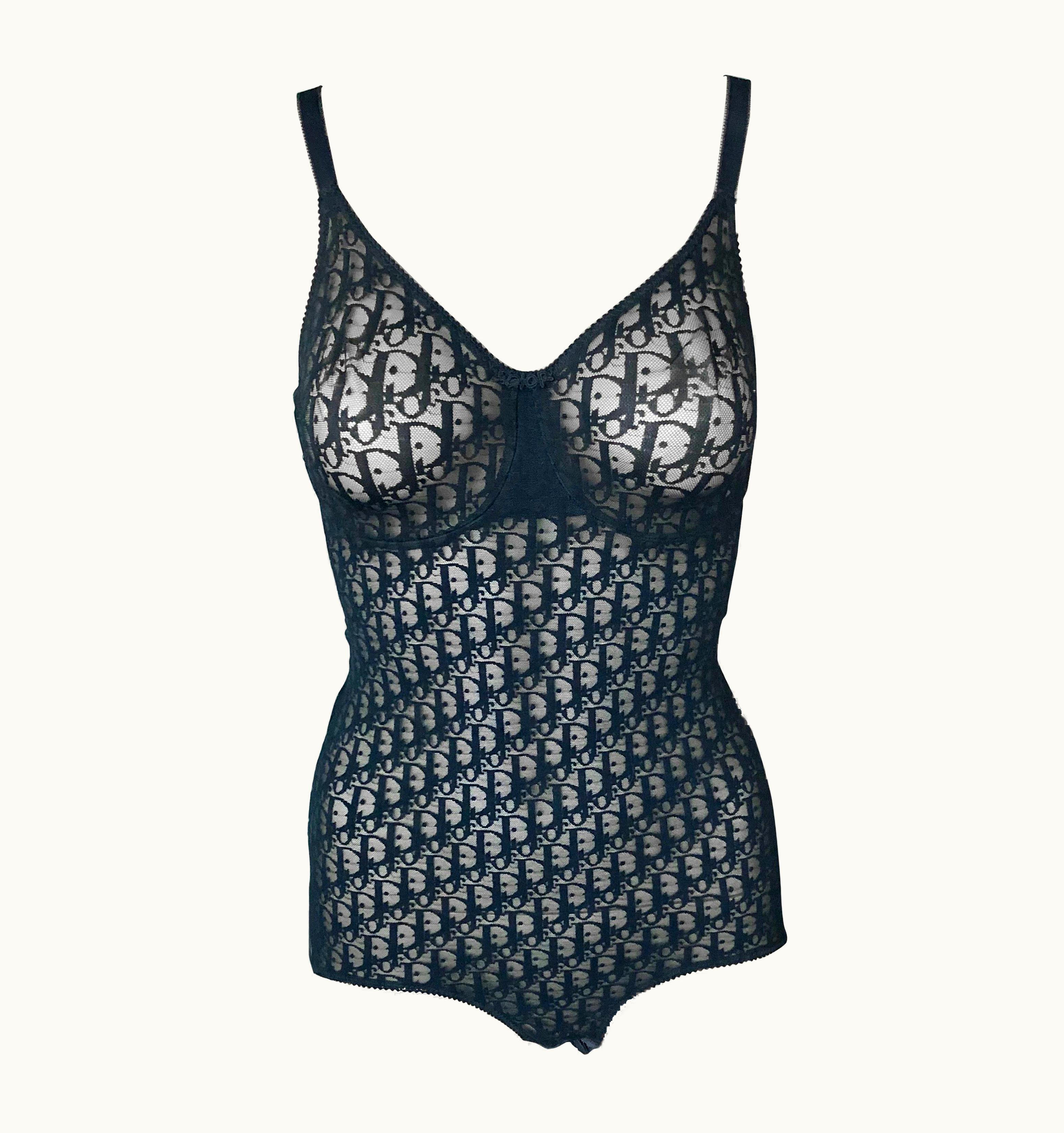 Dior Christian Dior 1990' Vintage Sheer Logo Monogram Black Bodysuit Top UZ0570391