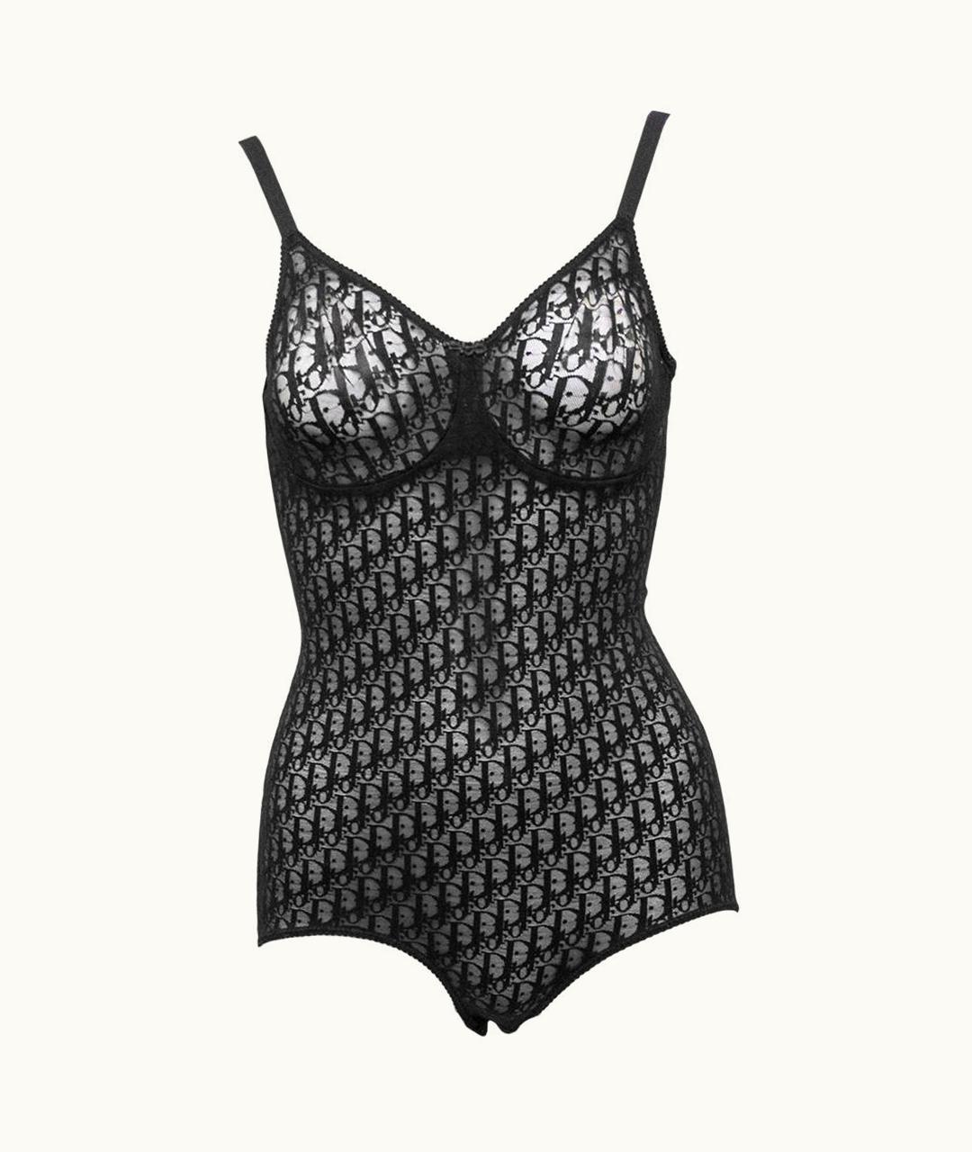 Dior 1990' Christian Dior Sheer Black Logo Monogram Bodysuit