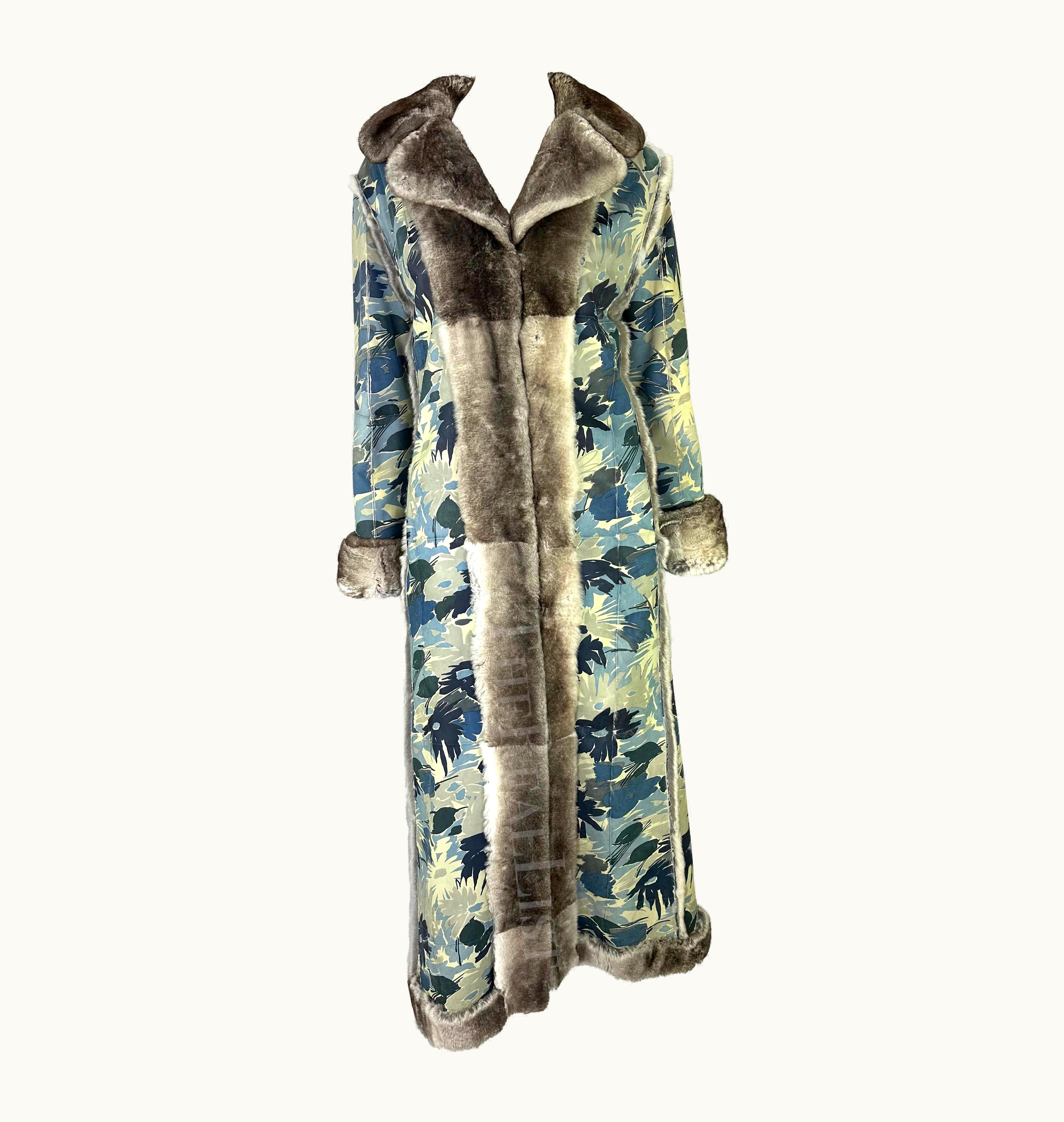 Dior AW 2002 Christian Dior By John Galliano Blue Floral Orylag Fur Trench Coat