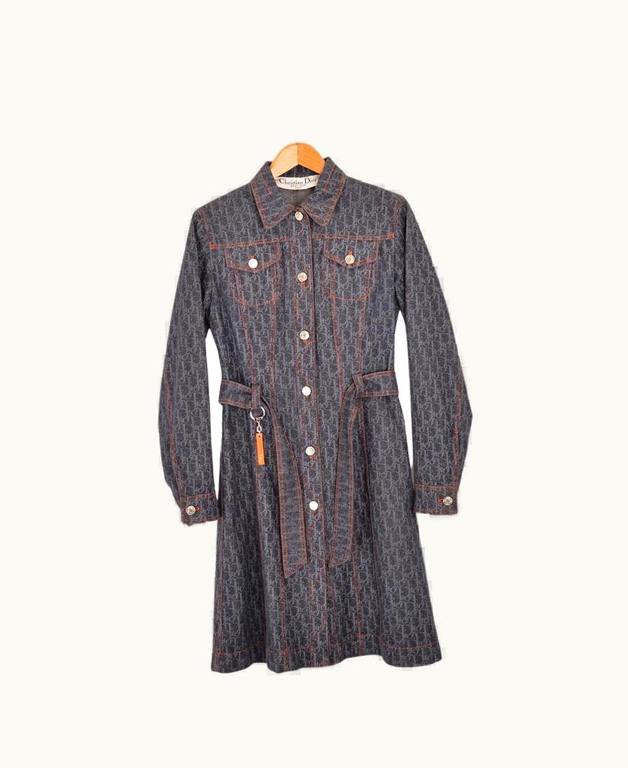 Dior Y2k Christian Dior Spring 2006 Blue Denim Trotter Print Trench Coat
