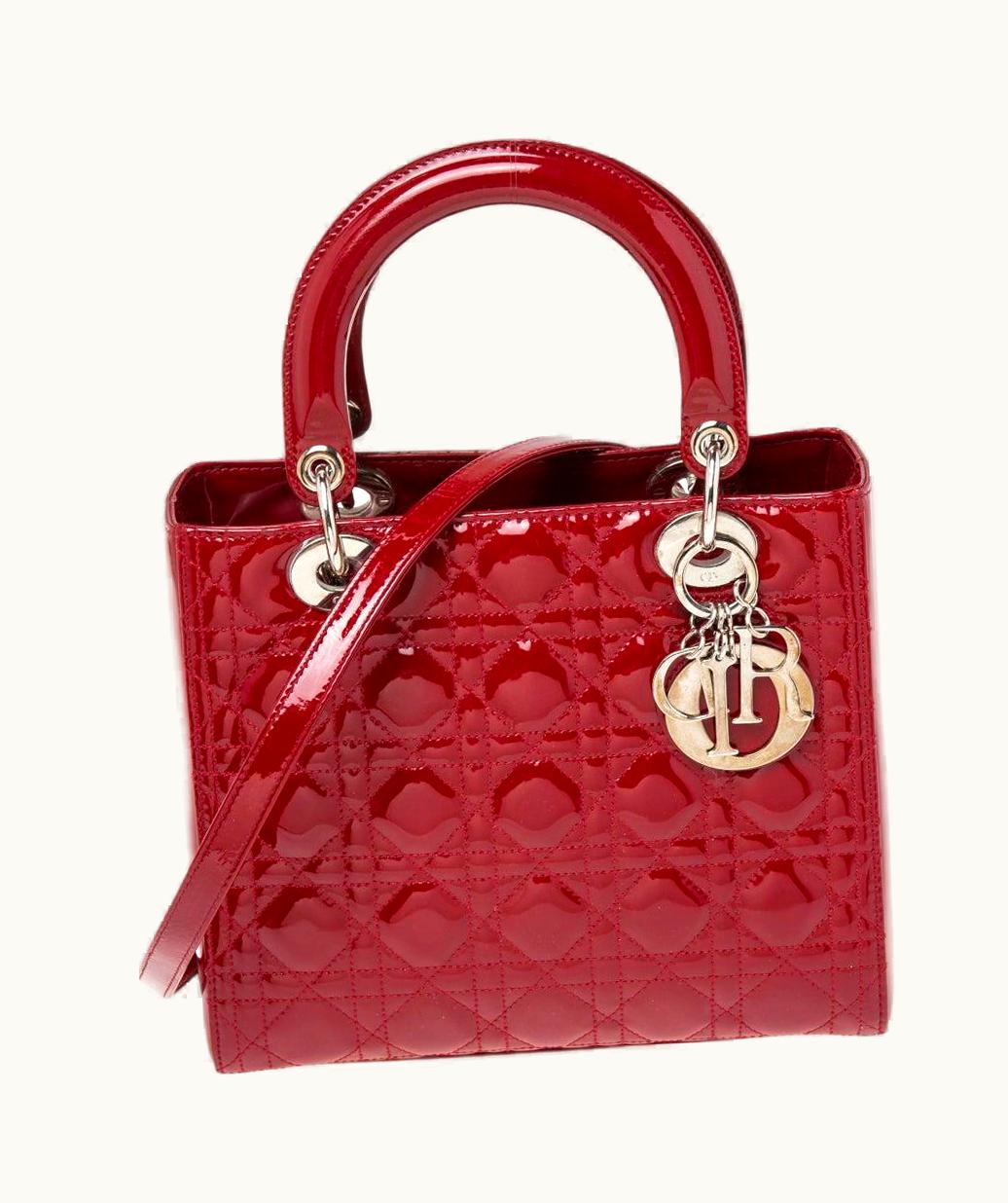 Dior Dior Red Cannage Patent Leather Medium Lady Dior Tote