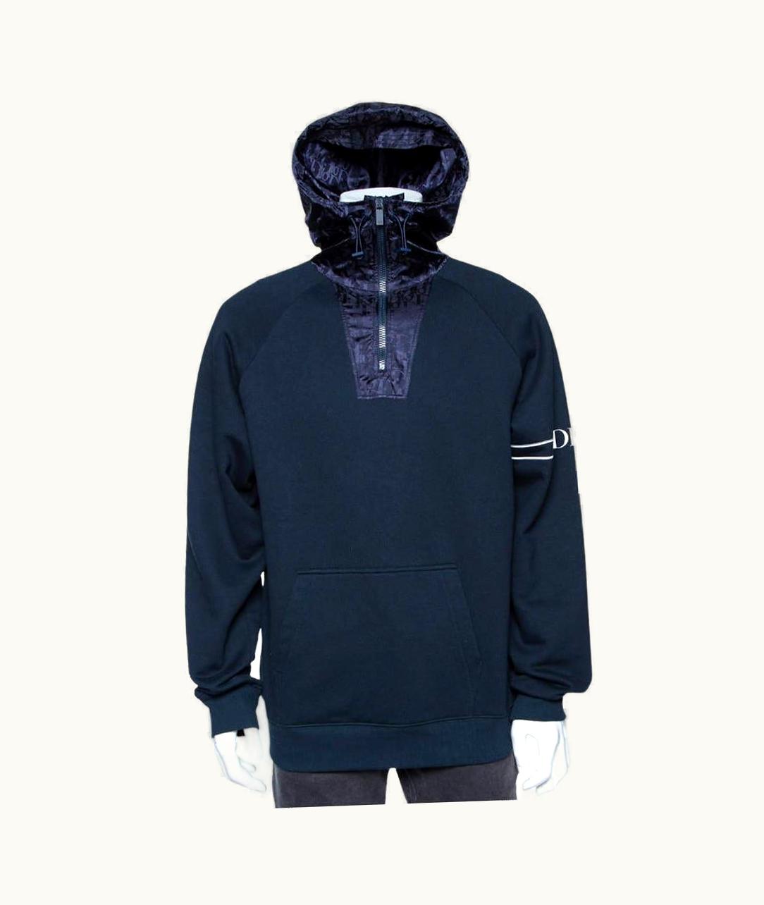 Dior Dior Homme Navy Blue Cotton Knit Oblique Pattern Trim Detail Hooded Sweatshirt