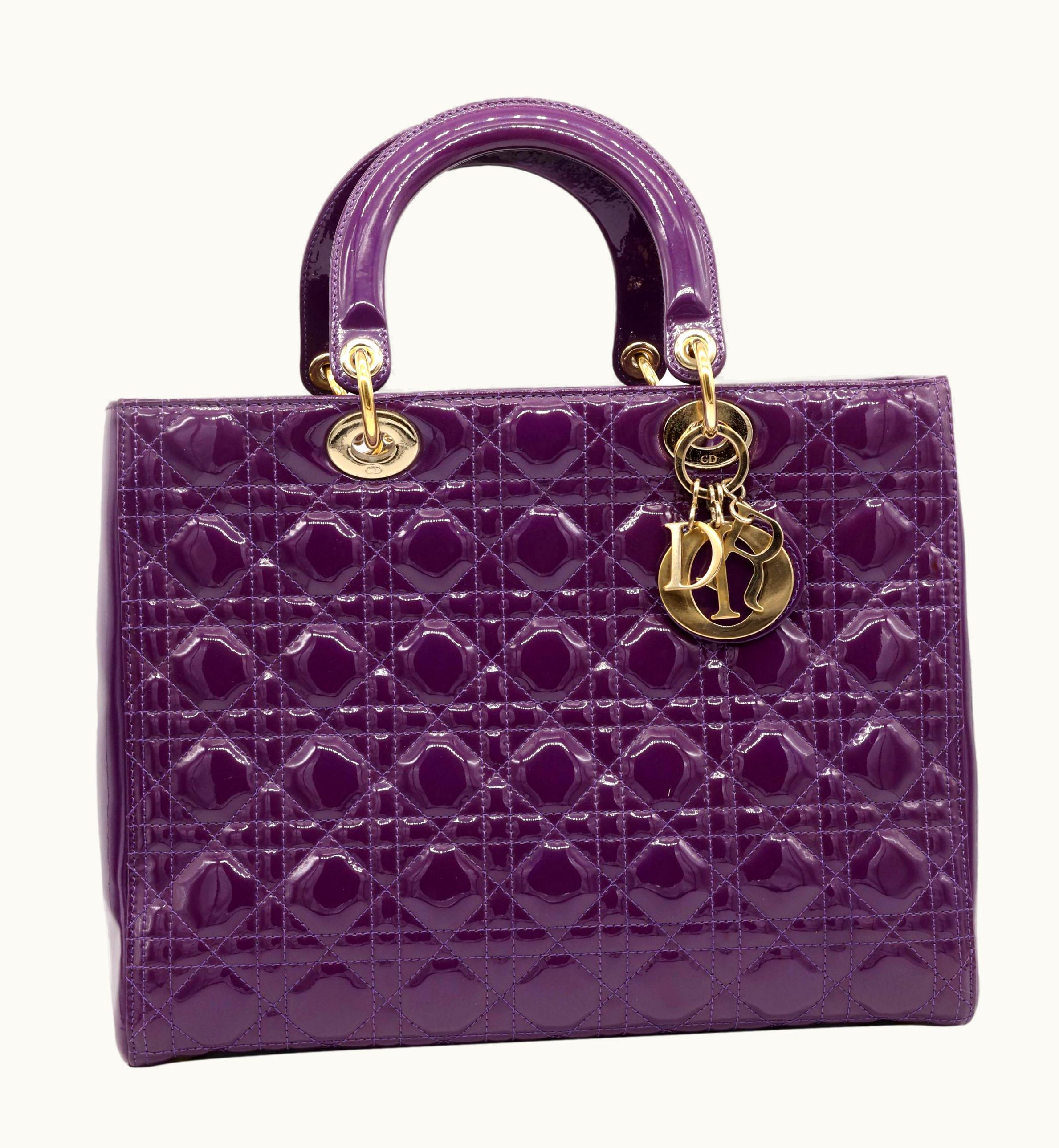 Dior Dior Purple Cannage Patent Leather Large Lady Dior Tote Shoulder Bag