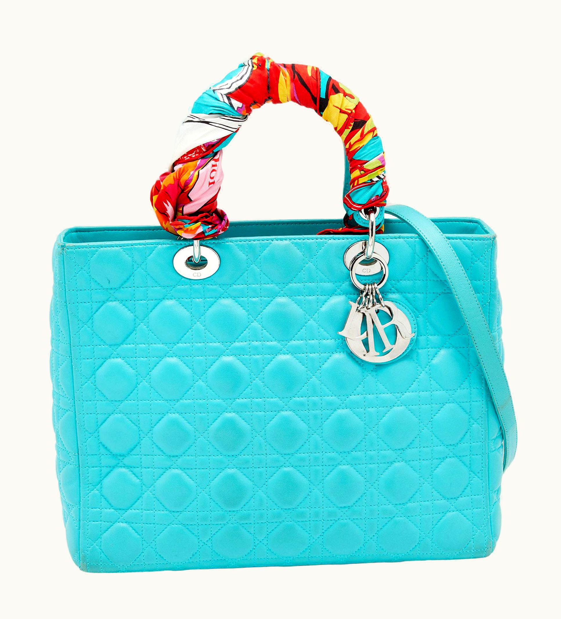 Dior Dior Turquoise Blue Cannage Leather Large Lady Dior Tote