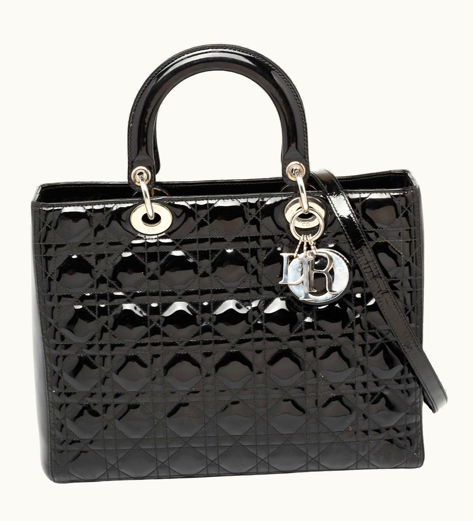 Dior Dior Black Patent Cannage Leather Large Lady Dior Tote