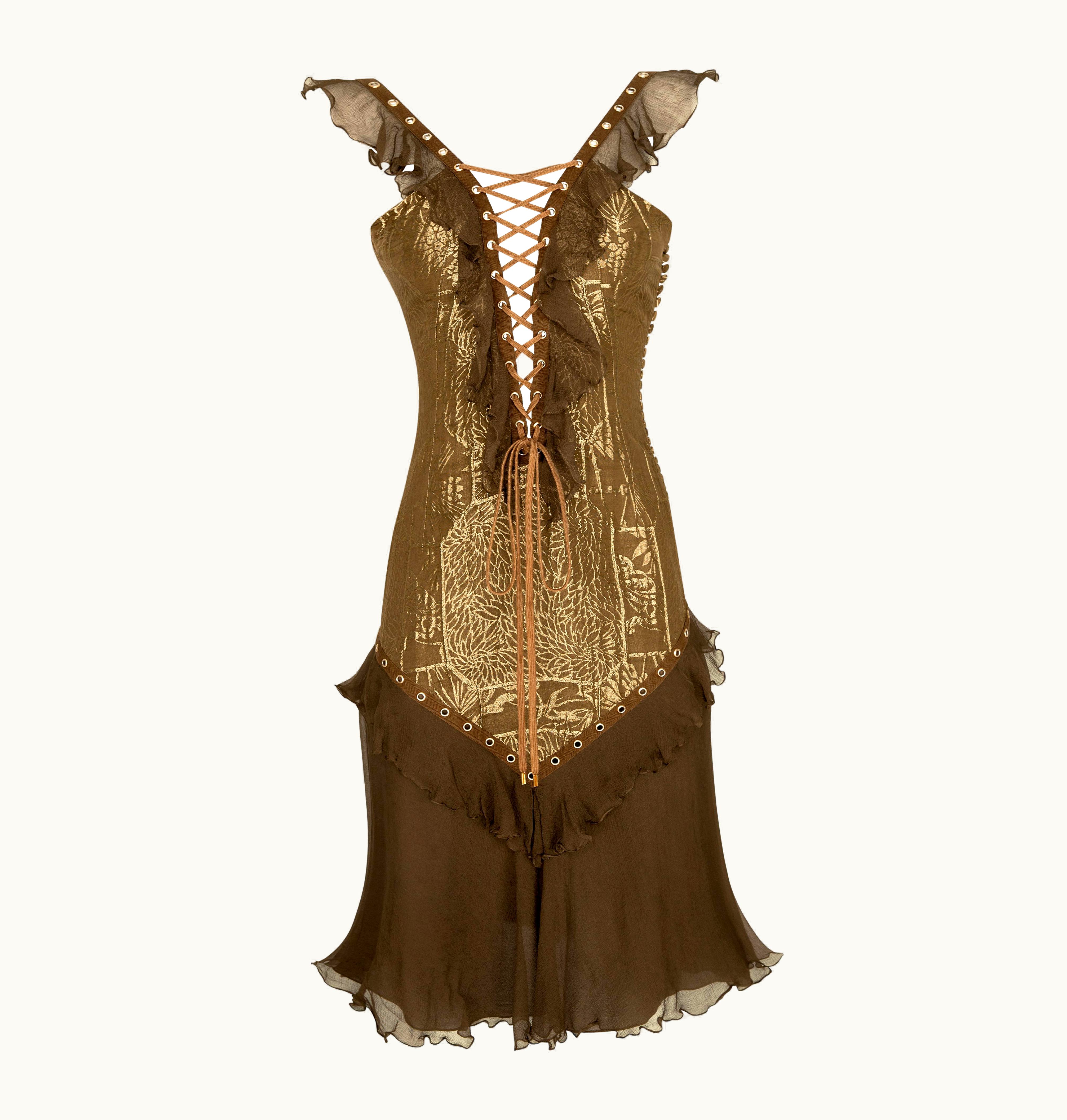 Dior Christian Dior Spring 2003 Silk Lace-Up Metallic Dress