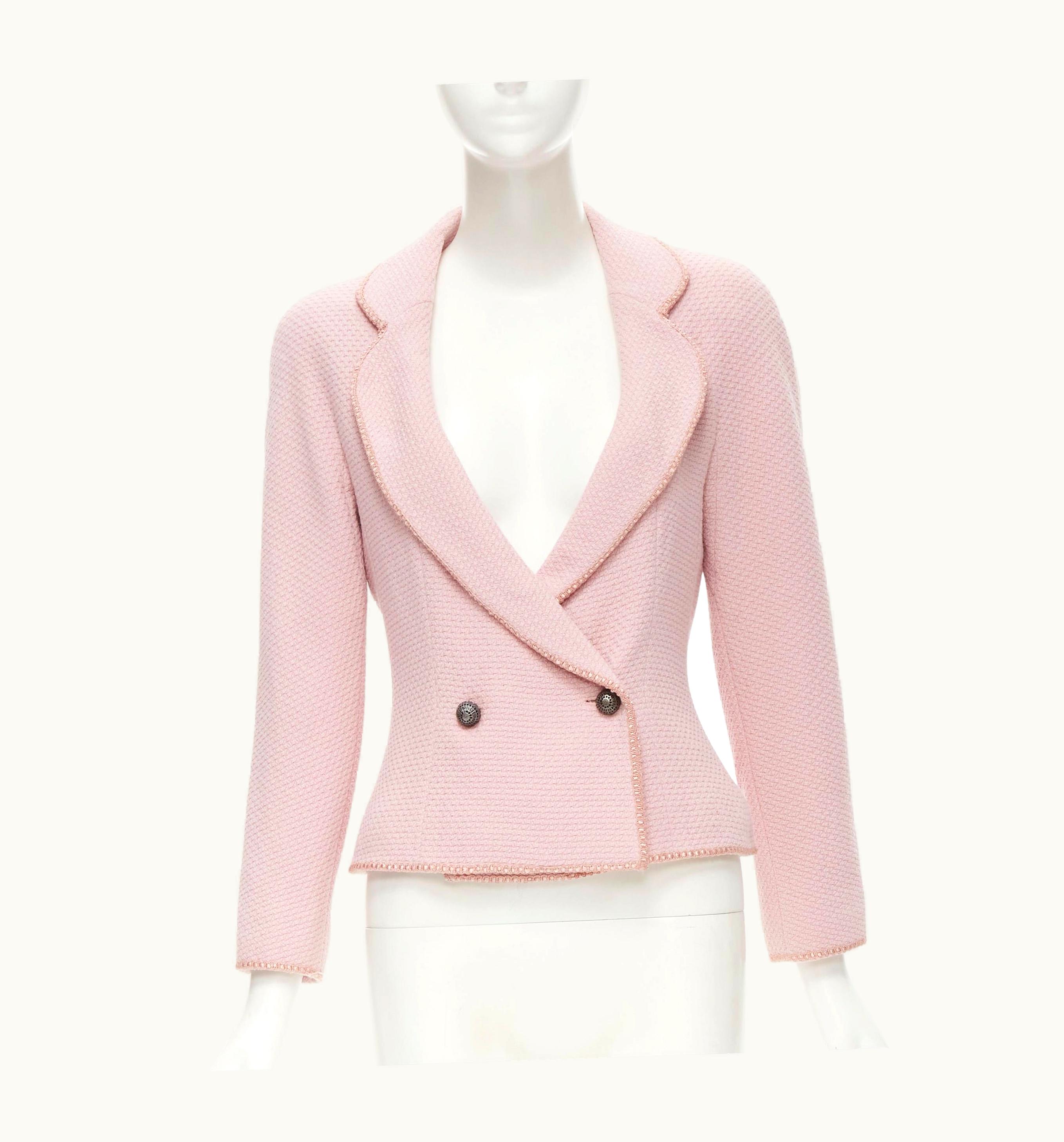 Dior Christian Dior 1997 Runway John Galliano Pink Tweed Ribbon Trimmed Jacket