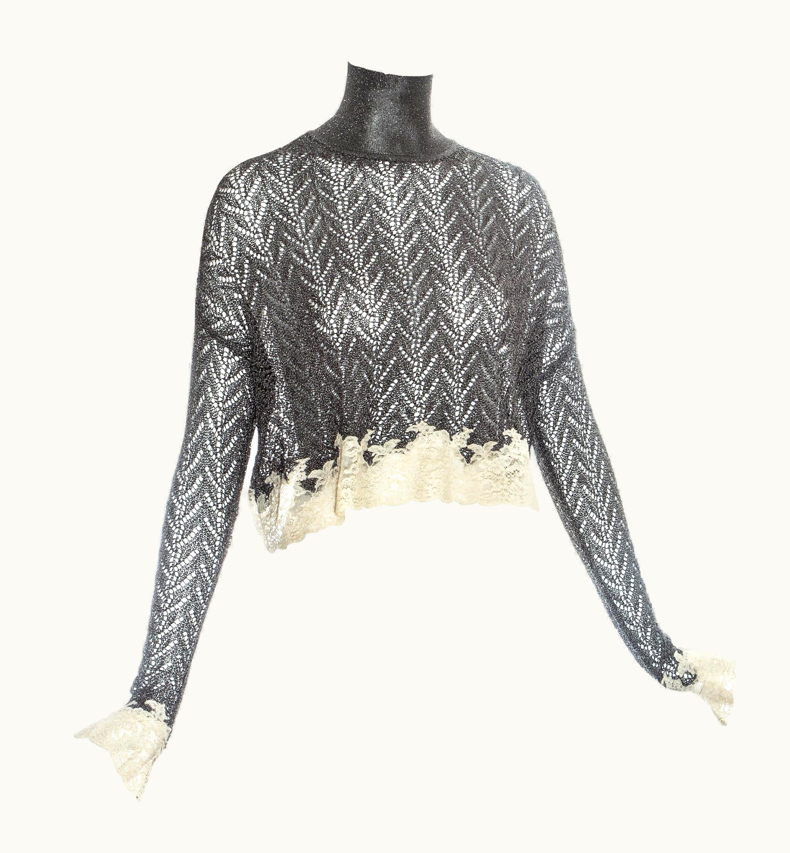 Dior Christian Dior Silver Crochet Knit Sweater With Cream Lace, AW 1998