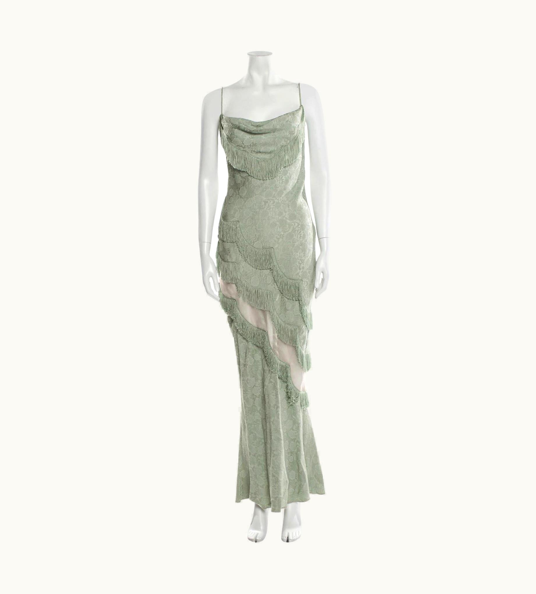 Dior 1998 Christian Dior By Galliano Green Fringe Gown With Sheer Panel