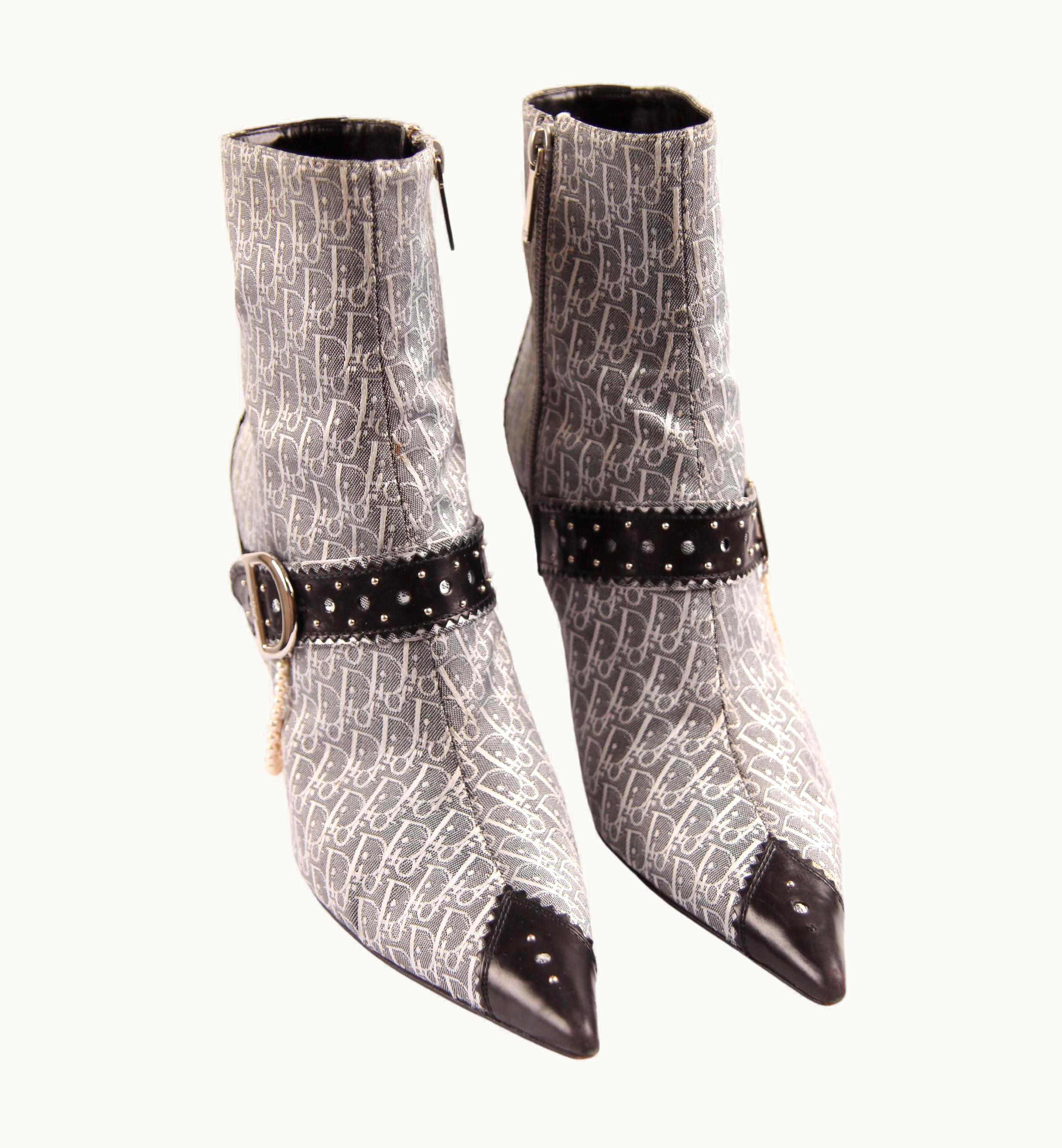 Dior Dior Grey Monogram Canvas And Leather Ankle Boots With Drop Pearls, Circa 2000