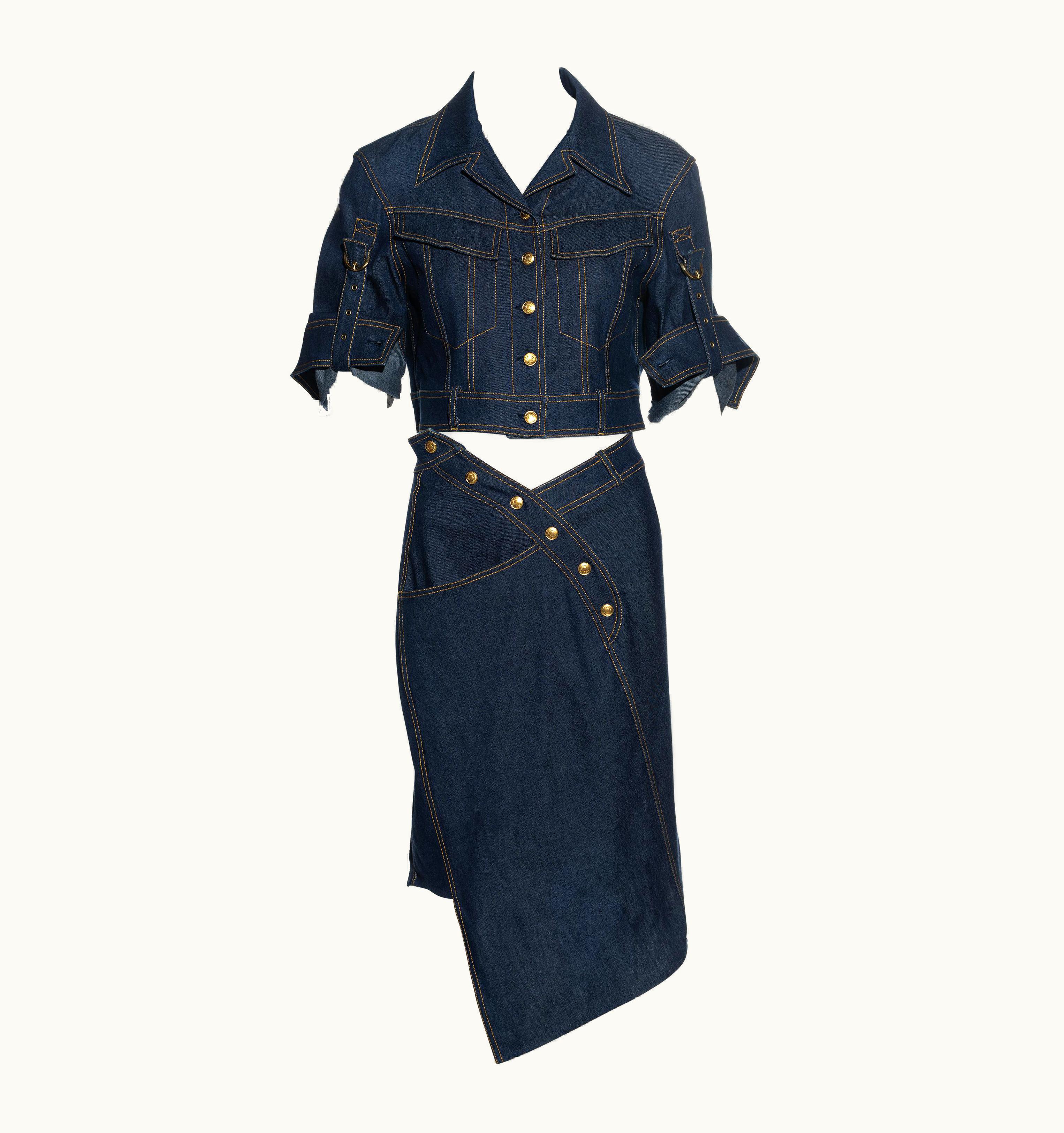 Dior Christian Dior By John Galliano Blue Denim Cropped Jacket And Skirt Set, S/S 2000