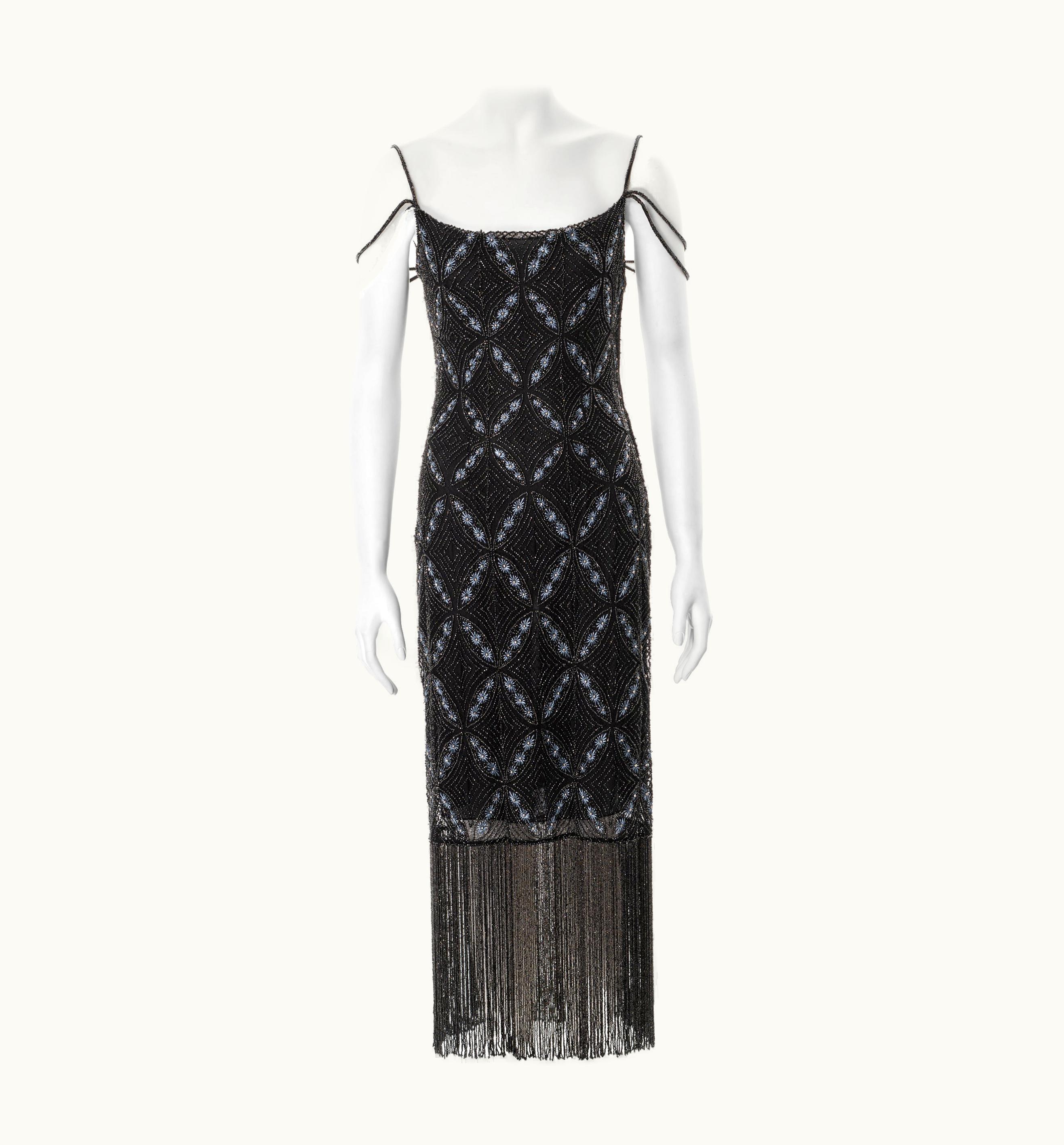 Dior Christian Dior By John Galliano Navy Beaded Lace Fringed Evening Dress, S/S 2000
