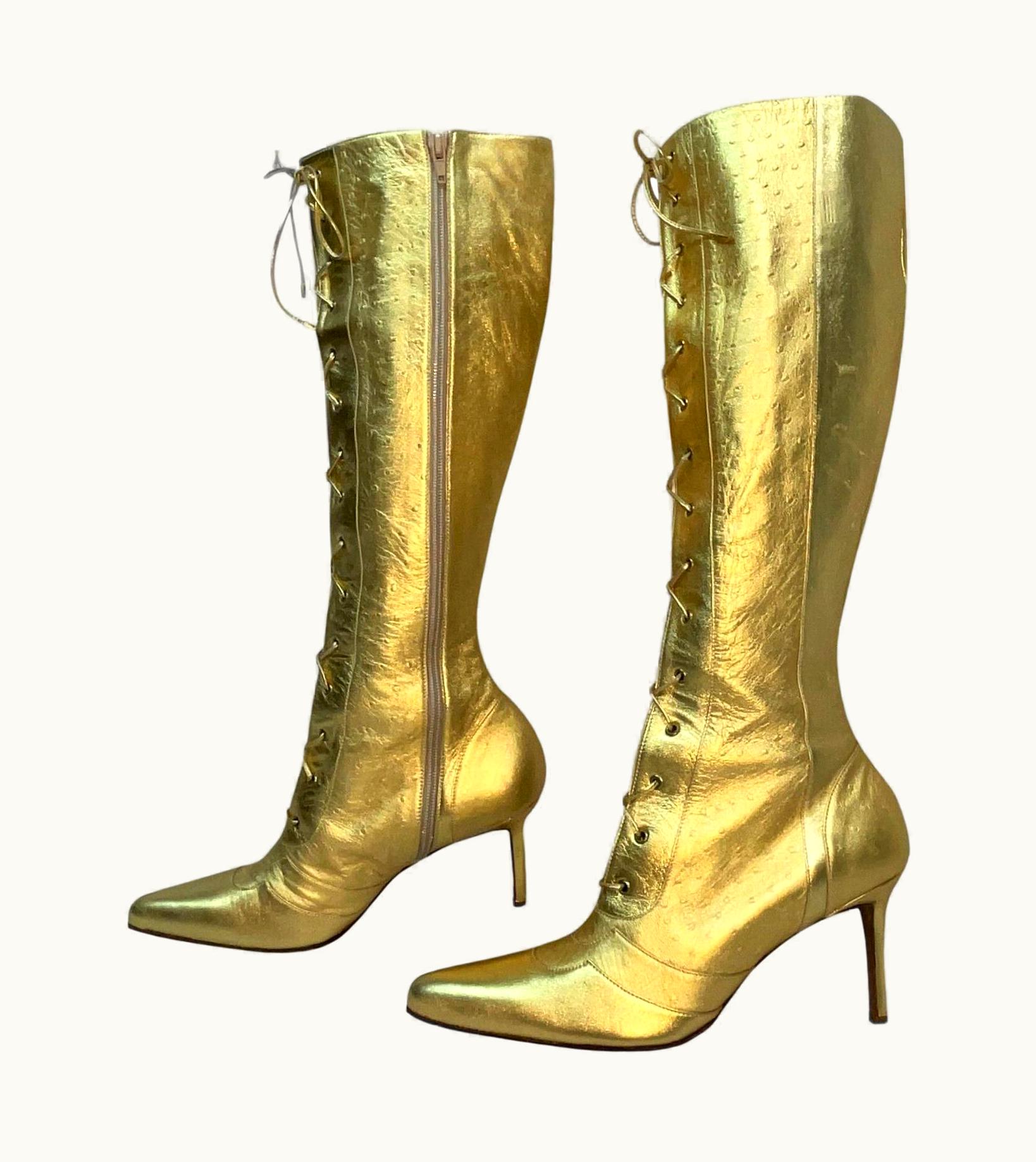 Dior AW 2000 Christian Dior John Galliano Gold Ostrich Leather Tall Heel Boots