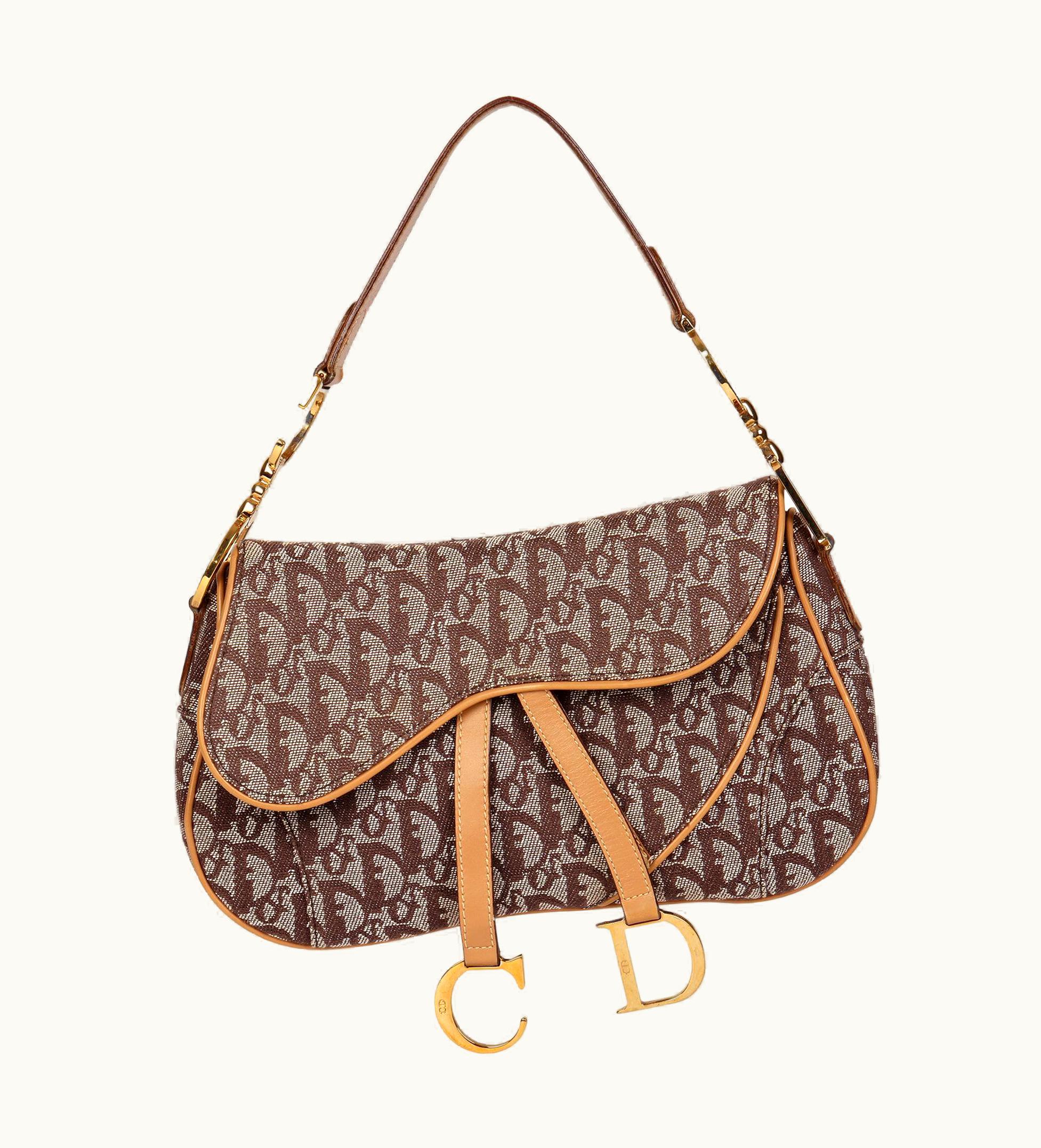 Dior Christian Dior Brown Monogram Canvas & Calfskin Leather Double Saddle Bag