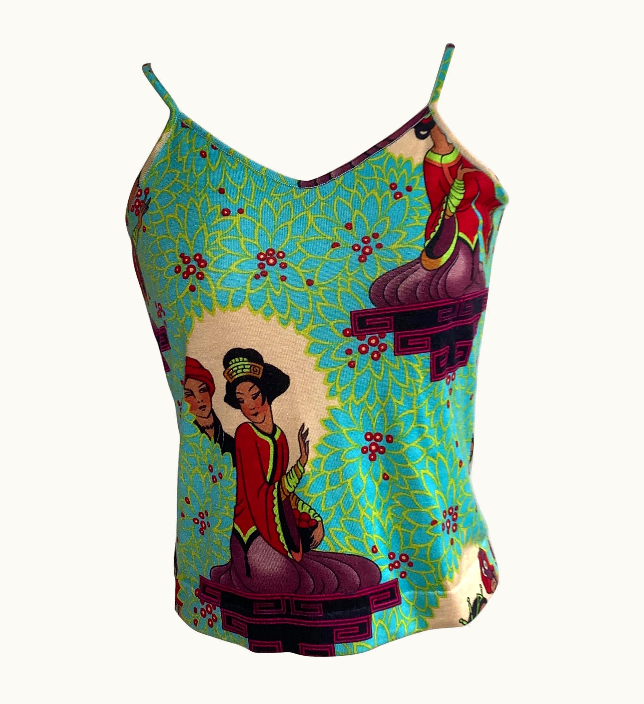 Dior Christian Dior Oriental Print Aqua Blue And Yellow Floral Print Tank