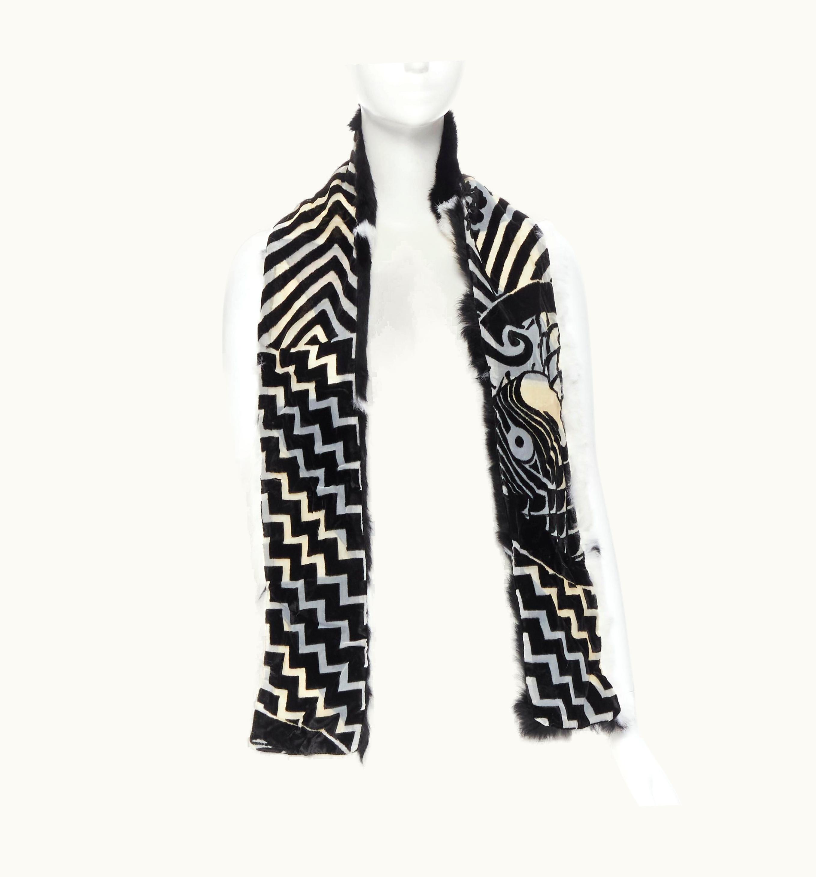 Dior Vintage Christian Dior John Galliano 2003 Black White Rabbit Fur Oriental Scarf